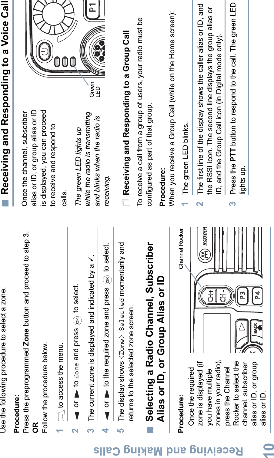 Receiving and Making CallsEnglish10Use the following procedure to select a zone.Procedure:Press the preprogrammed Zone button and proceed to step 3. ORFollow the procedure below.1 to access the menu.2or to Zone and press   to select. 3The current zone is displayed and indicated by a 9.4or to the required zone and press   to select.5The display shows &lt;Zone&gt; Selected momentarily and returns to the selected zone screen.Selecting a Radio Channel, Subscriber Alias or ID, or Group Alias or IDProcedure:Once the required zone is displayed (if you have multiple zones in your radio), press the Channel Rocker to select the channel, subscriber alias or ID, or group alias or ID.Receiving and Responding to a Voice CallOnce the channel, subscriber alias or ID, or group alias or ID is displayed, you can proceed to receive and respond to calls.The green LED lights up while the radio is transmitting and blinks when the radio is receiving.Receiving and Responding to a Group CallTo receive a call from a group of users, your radio must be configured as part of that group.Procedure:When you receive a Group Call (while on the Home screen):1The green LED blinks. 2The first line of the display shows the caller alias or ID, and the RSSI icon. The second line displays the group alias or ID, and the Group Call icon (in Digital mode only). 3Press the PTT button to respond to the call. The green LED lights up. OKP3P4CH+BACKCH -Channel Rocker P1Green LED 