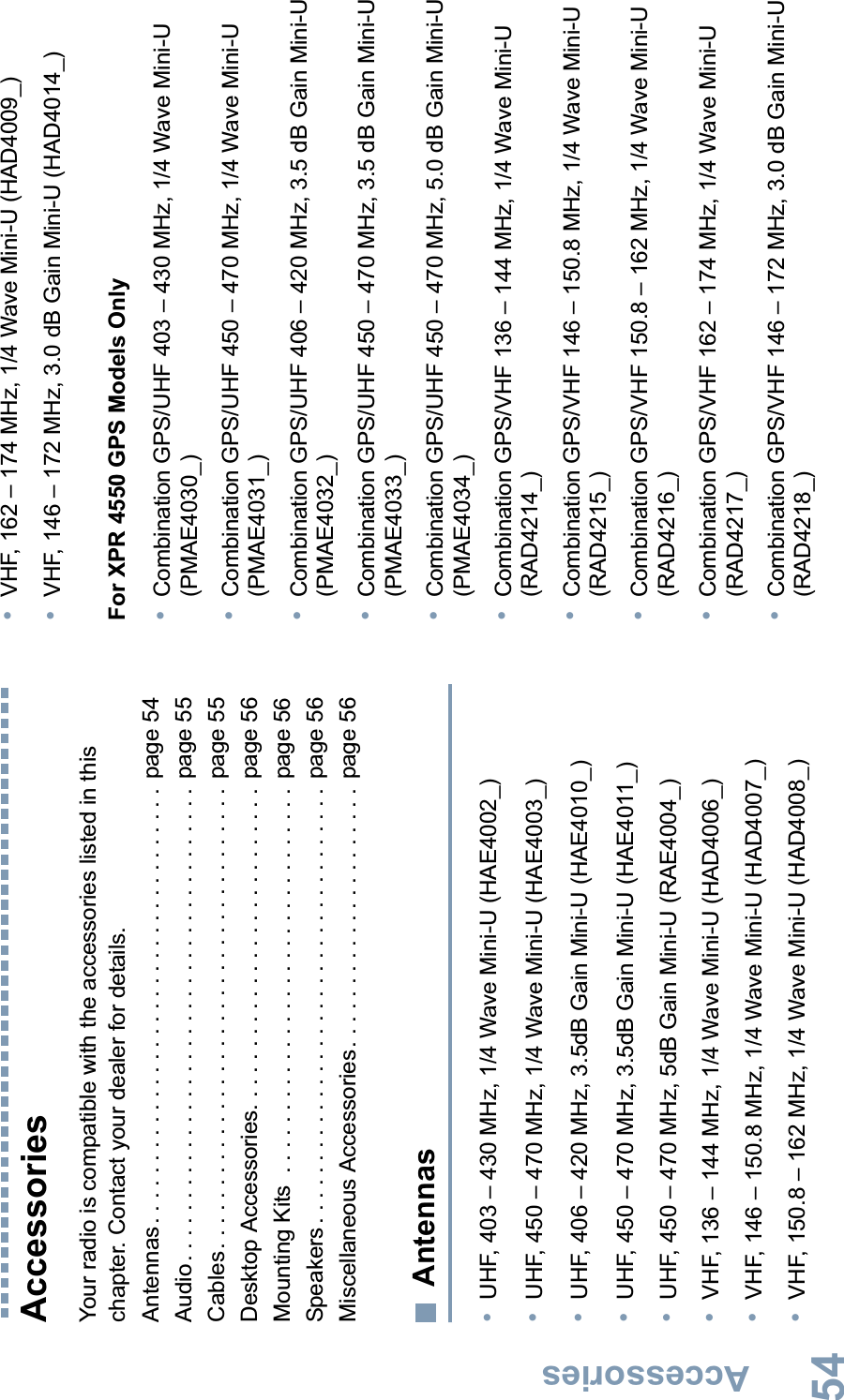 AccessoriesEnglish54AccessoriesYour radio is compatible with the accessories listed in this chapter. Contact your dealer for details.Antennas. . . . . . . . . . . . . . . . . . . . . . . . . . . . . . . . . . .  page 54Audio. . . . . . . . . . . . . . . . . . . . . . . . . . . . . . . . . . . . . .  page 55Cables. . . . . . . . . . . . . . . . . . . . . . . . . . . . . . . . . . . . .  page 55Desktop Accessories. . . . . . . . . . . . . . . . . . . . . . . . . .  page 56Mounting Kits  . . . . . . . . . . . . . . . . . . . . . . . . . . . . . . .  page 56Speakers . . . . . . . . . . . . . . . . . . . . . . . . . . . . . . . . . . .  page 56Miscellaneous Accessories. . . . . . . . . . . . . . . . . . . . .  page 56Antennas•UHF, 403 – 430 MHz, 1/4 Wave Mini-U (HAE4002_)•UHF, 450 – 470 MHz, 1/4 Wave Mini-U (HAE4003_)•UHF, 406 – 420 MHz, 3.5dB Gain Mini-U (HAE4010_)•UHF, 450 – 470 MHz, 3.5dB Gain Mini-U (HAE4011_)•UHF, 450 – 470 MHz, 5dB Gain Mini-U (RAE4004_)•VHF, 136 – 144 MHz, 1/4 Wave Mini-U (HAD4006_)•VHF, 146 – 150.8 MHz, 1/4 Wave Mini-U (HAD4007_)•VHF, 150.8 – 162 MHz, 1/4 Wave Mini-U (HAD4008_)•VHF, 162 – 174 MHz, 1/4 Wave Mini-U (HAD4009_)•VHF, 146 – 172 MHz, 3.0 dB Gain Mini-U (HAD4014_)For XPR 4550 GPS Models Only•Combination GPS/UHF 403 – 430 MHz, 1/4 Wave Mini-U (PMAE4030_)•Combination GPS/UHF 450 – 470 MHz, 1/4 Wave Mini-U (PMAE4031_)•Combination GPS/UHF 406 – 420 MHz, 3.5 dB Gain Mini-U (PMAE4032_)•Combination GPS/UHF 450 – 470 MHz, 3.5 dB Gain Mini-U(PMAE4033_)•Combination GPS/UHF 450 – 470 MHz, 5.0 dB Gain Mini-U (PMAE4034_)•Combination GPS/VHF 136 – 144 MHz, 1/4 Wave Mini-U (RAD4214_)•Combination GPS/VHF 146 – 150.8 MHz, 1/4 Wave Mini-U (RAD4215_)•Combination GPS/VHF 150.8 – 162 MHz, 1/4 Wave Mini-U (RAD4216_)•Combination GPS/VHF 162 – 174 MHz, 1/4 Wave Mini-U (RAD4217_)•Combination GPS/VHF 146 – 172 MHz, 3.0 dB Gain Mini-U (RAD4218_)