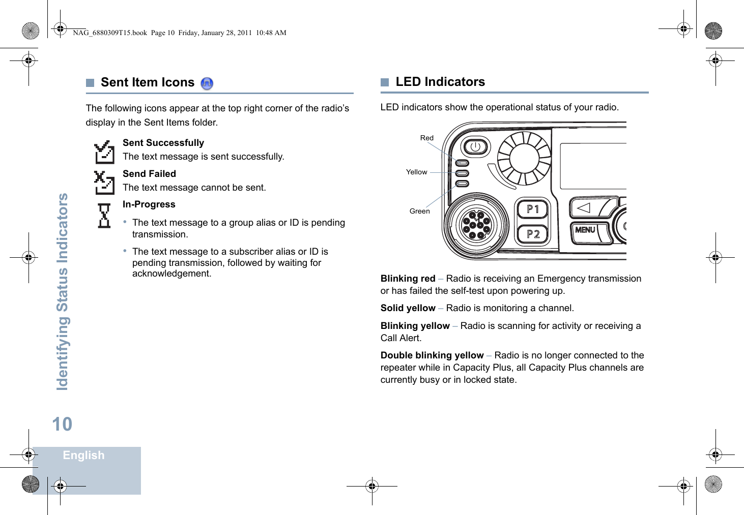 Identifying Status IndicatorsEnglish10Sent Item Icons The following icons appear at the top right corner of the radio’s display in the Sent Items folder.LED IndicatorsLED indicators show the operational status of your radio.Blinking red – Radio is receiving an Emergency transmission or has failed the self-test upon powering up.Solid yellow – Radio is monitoring a channel.Blinking yellow – Radio is scanning for activity or receiving a Call Alert.Double blinking yellow – Radio is no longer connected to the repeater while in Capacity Plus, all Capacity Plus channels are currently busy or in locked state.Sent SuccessfullyThe text message is sent successfully.Send FailedThe text message cannot be sent.In-Progress•The text message to a group alias or ID is pending transmission.•The text message to a subscriber alias or ID is pending transmission, followed by waiting for acknowledgement.P 1O KP 2P 3P 4CH+BACKMENUCH -Red Yellow Green NAG_6880309T15.book  Page 10  Friday, January 28, 2011  10:48 AM