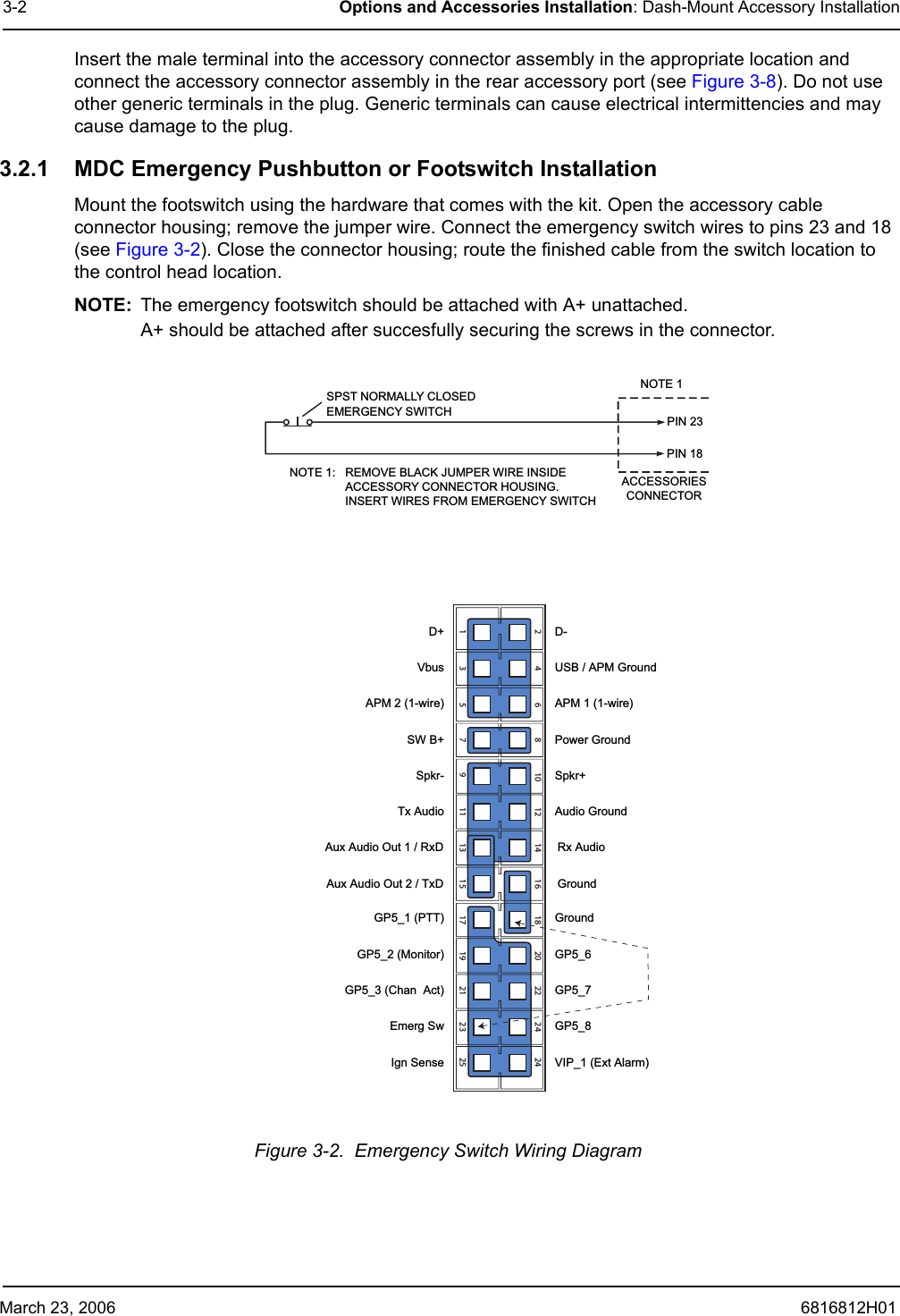 March 23, 2006 6816812H013-2 Options and Accessories Installation: Dash-Mount Accessory InstallationInsert the male terminal into the accessory connector assembly in the appropriate location and connect the accessory connector assembly in the rear accessory port (see Figure 3-8). Do not use other generic terminals in the plug. Generic terminals can cause electrical intermittencies and may cause damage to the plug.3.2.1 MDC Emergency Pushbutton or Footswitch Installation Mount the footswitch using the hardware that comes with the kit. Open the accessory cable connector housing; remove the jumper wire. Connect the emergency switch wires to pins 23 and 18 (see Figure 3-2). Close the connector housing; route the finished cable from the switch location to the control head location.NOTE: The emergency footswitch should be attached with A+ unattached.  A+ should be attached after succesfully securing the screws in the connector. Figure 3-2.  Emergency Switch Wiring Diagram ACCESSORIESCONNECTORPIN 23PIN 18NOTE 1SPST NORMALLY CLOSEDEMERGENCY SWITCHNOTE 1:   REMOVE BLACK JUMPER WIRE INSIDE                 ACCESSORY CONNECTOR HOUSING.                 INSERT WIRES FROM EMERGENCY SWITCH1234567891011121314151617181920212223242524D+VbusAPM 2 (1-wire)SW B+Spkr-Tx AudioAux Audio Out 1 / RxD Aux Audio Out 2 / TxD GP5_1 (PTT)GP5_2 (Monitor)GP5_3 (Chan  Act)Emerg SwIgn SenseD-USB / APM GroundAPM 1 (1-wire)Power GroundSpkr+Audio GroundRx AudioGroundGroundGP5_6GP5_7GP5_8VIP_1 (Ext Alarm)