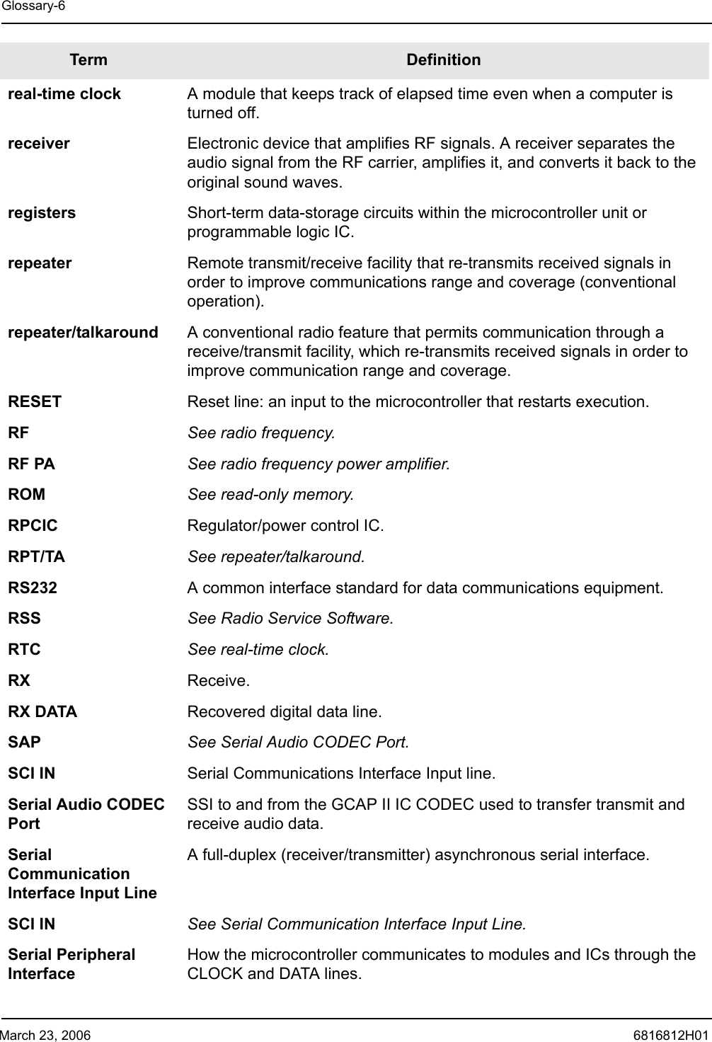 March 23, 2006 6816812H01Glossary-6real-time clock A module that keeps track of elapsed time even when a computer is turned off.receiver Electronic device that amplifies RF signals. A receiver separates the audio signal from the RF carrier, amplifies it, and converts it back to the original sound waves.registers Short-term data-storage circuits within the microcontroller unit or programmable logic IC.repeater Remote transmit/receive facility that re-transmits received signals in order to improve communications range and coverage (conventional operation).repeater/talkaround A conventional radio feature that permits communication through a receive/transmit facility, which re-transmits received signals in order to improve communication range and coverage.RESET Reset line: an input to the microcontroller that restarts execution.RF See radio frequency.RF PA See radio frequency power amplifier.ROM See read-only memory.RPCIC Regulator/power control IC.RPT/TA See repeater/talkaround.RS232 A common interface standard for data communications equipment.RSS See Radio Service Software.RTC See real-time clock.RX Receive.RX DATA Recovered digital data line.SAP See Serial Audio CODEC Port.SCI IN Serial Communications Interface Input line.Serial Audio CODEC PortSSI to and from the GCAP II IC CODEC used to transfer transmit and receive audio data.Serial Communication Interface Input LineA full-duplex (receiver/transmitter) asynchronous serial interface.SCI IN See Serial Communication Interface Input Line.Serial Peripheral InterfaceHow the microcontroller communicates to modules and ICs through the CLOCK and DATA lines.Term Definition