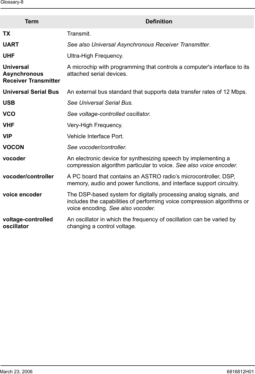 March 23, 2006 6816812H01Glossary-8TX Transmit.UART See also Universal Asynchronous Receiver Transmitter.UHF Ultra-High Frequency.Universal Asynchronous Receiver TransmitterA microchip with programming that controls a computer&apos;s interface to its attached serial devices.Universal Serial Bus An external bus standard that supports data transfer rates of 12 Mbps.USB See Universal Serial Bus.VCO See voltage-controlled oscillator.VHF Very-High Frequency.VIP Vehicle Interface Port.VOCON See vocoder/controller.vocoder An electronic device for synthesizing speech by implementing a compression algorithm particular to voice. See also voice encoder.vocoder/controller A PC board that contains an ASTRO radio’s microcontroller, DSP, memory, audio and power functions, and interface support circuitry.voice encoder The DSP-based system for digitally processing analog signals, and includes the capabilities of performing voice compression algorithms or voice encoding. See also vocoder.voltage-controlled oscillatorAn oscillator in which the frequency of oscillation can be varied by changing a control voltage.Term Definition