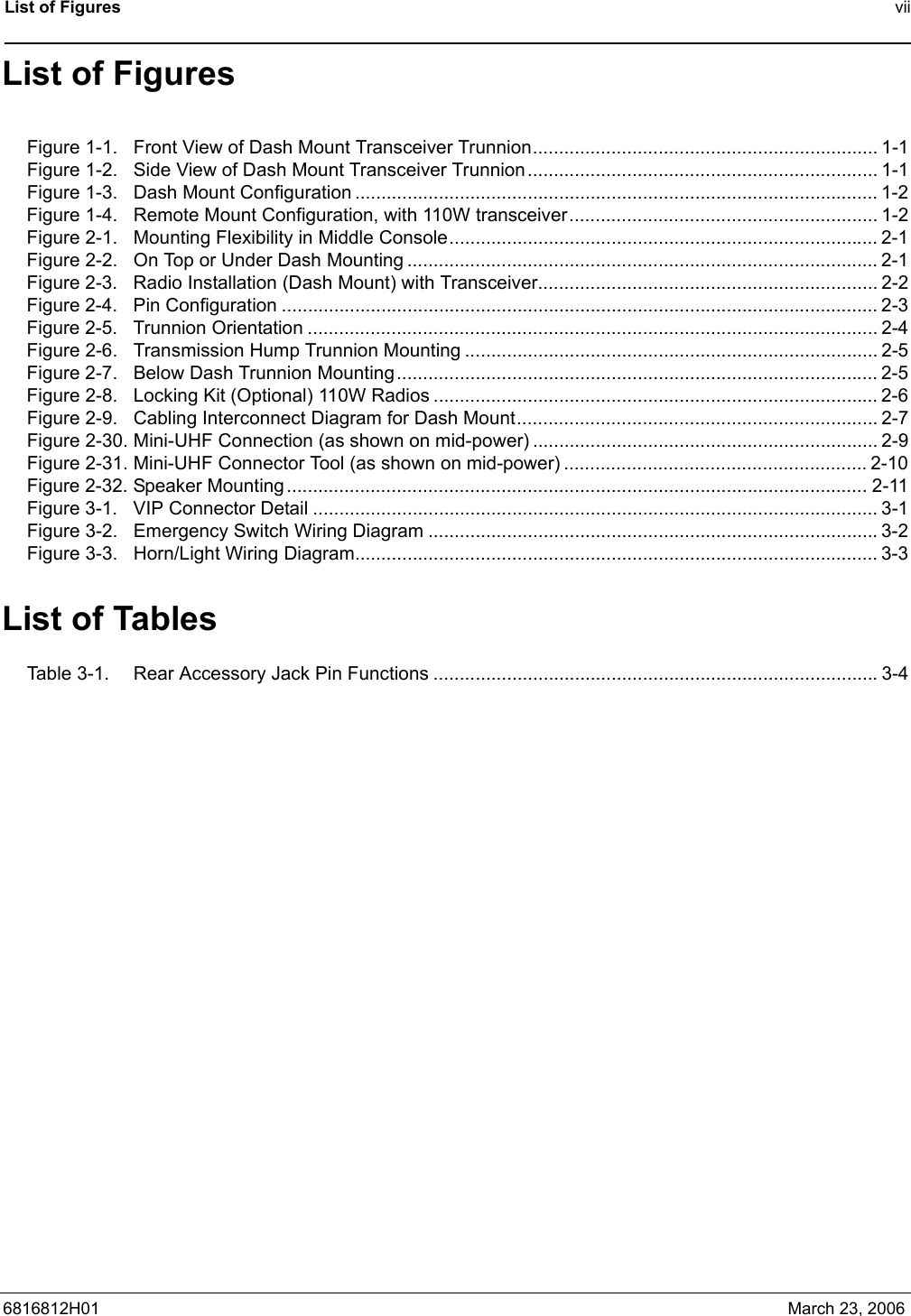 List of Figures vii6816812H01 March 23, 2006List of FiguresFigure 1-1. Front View of Dash Mount Transceiver Trunnion.................................................................. 1-1Figure 1-2. Side View of Dash Mount Transceiver Trunnion................................................................... 1-1Figure 1-3. Dash Mount Configuration .................................................................................................... 1-2Figure 1-4. Remote Mount Configuration, with 110W transceiver........................................................... 1-2Figure 2-1. Mounting Flexibility in Middle Console.................................................................................. 2-1Figure 2-2. On Top or Under Dash Mounting .......................................................................................... 2-1Figure 2-3. Radio Installation (Dash Mount) with Transceiver................................................................. 2-2Figure 2-4. Pin Configuration .................................................................................................................. 2-3Figure 2-5. Trunnion Orientation ............................................................................................................. 2-4Figure 2-6. Transmission Hump Trunnion Mounting ............................................................................... 2-5Figure 2-7. Below Dash Trunnion Mounting............................................................................................ 2-5Figure 2-8. Locking Kit (Optional) 110W Radios ..................................................................................... 2-6Figure 2-9. Cabling Interconnect Diagram for Dash Mount..................................................................... 2-7Figure 2-30. Mini-UHF Connection (as shown on mid-power) .................................................................. 2-9Figure 2-31. Mini-UHF Connector Tool (as shown on mid-power) .......................................................... 2-10Figure 2-32. Speaker Mounting............................................................................................................... 2-11Figure 3-1. VIP Connector Detail ............................................................................................................ 3-1Figure 3-2. Emergency Switch Wiring Diagram ......................................................................................3-2Figure 3-3. Horn/Light Wiring Diagram.................................................................................................... 3-3List of TablesTable 3-1. Rear Accessory Jack Pin Functions .....................................................................................3-4