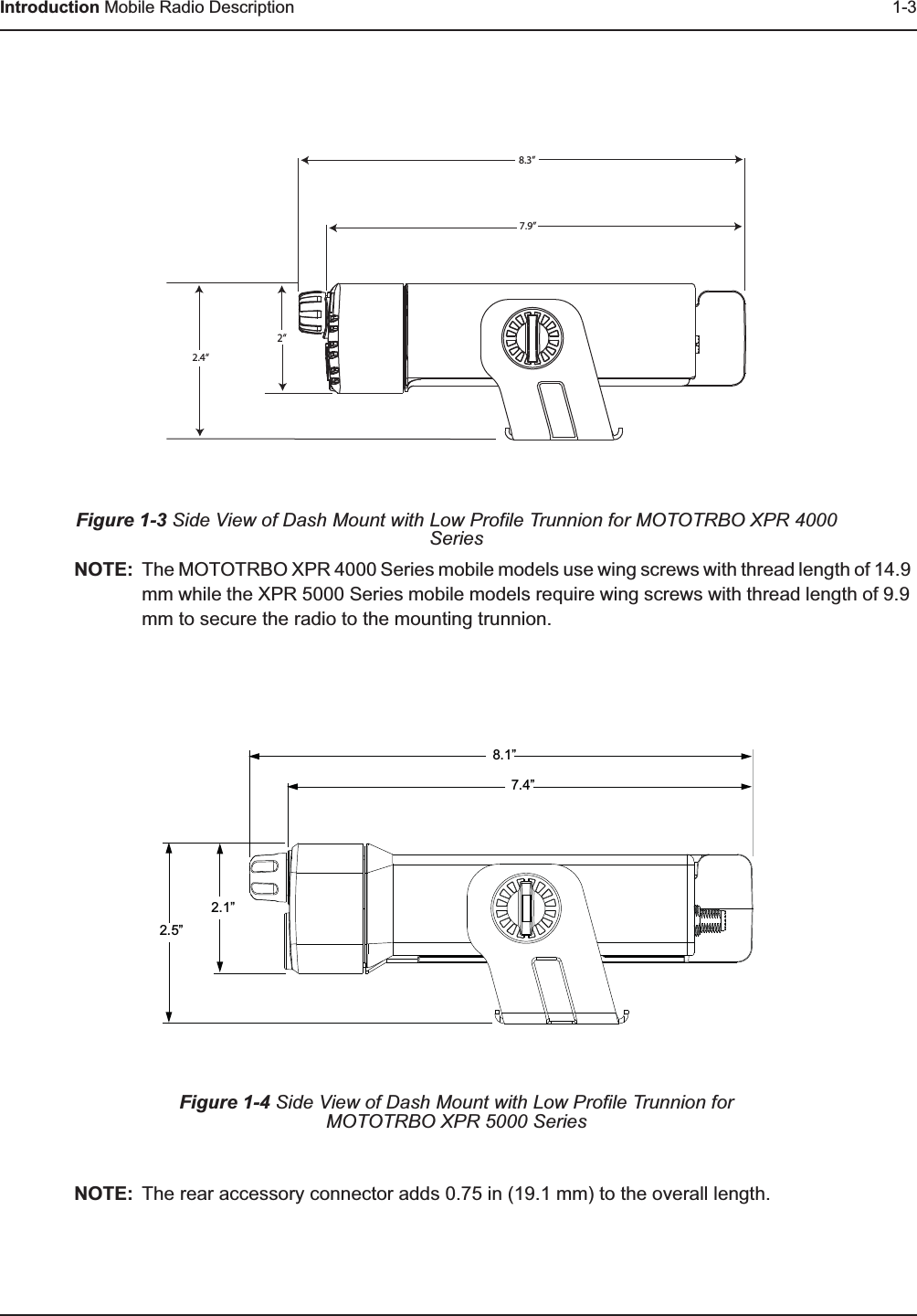 Introduction Mobile Radio Description 1-3Figure 1-3 Side View of Dash Mount with Low Profile Trunnion for MOTOTRBO XPR 4000SeriesNOTE: The MOTOTRBO XPR 4000 Series mobile models use wing screws with thread length of 14.9 mm while the XPR 5000 Series mobile models require wing screws with thread length of 9.9 mm to secure the radio to the mounting trunnion.NOTE: The rear accessory connector adds 0.75 in (19.1 mm) to the overall length.Figure 1-4 Side View of Dash Mount with Low Profile Trunnion for MOTOTRBO XPR 5000 Series8.3”7.9”2“2.4“7.4”8.1”2.5”2.1”