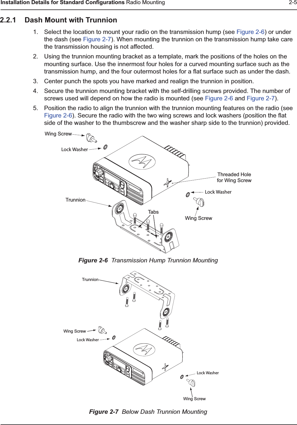 Installation Details for Standard Configurations Radio Mounting 2-52.2.1 Dash Mount with Trunnion1. Select the location to mount your radio on the transmission hump (see Figure 2-6) or under the dash (see Figure 2-7). When mounting the trunnion on the transmission hump take care the transmission housing is not affected.2. Using the trunnion mounting bracket as a template, mark the positions of the holes on the mounting surface. Use the innermost four holes for a curved mounting surface such as the transmission hump, and the four outermost holes for a flat surface such as under the dash.3. Center punch the spots you have marked and realign the trunnion in position.4. Secure the trunnion mounting bracket with the self-drilling screws provided. The number of screws used will depend on how the radio is mounted (see Figure 2-6 and Figure 2-7).5. Position the radio to align the trunnion with the trunnion mounting features on the radio (see Figure 2-6). Secure the radio with the two wing screws and lock washers (position the flat side of the washer to the thumbscrew and the washer sharp side to the trunnion) provided.Figure 2-6  Transmission Hump Trunnion MountingFigure 2-7  Below Dash Trunnion Mounting Wing ScrewTrunnionWing ScrewThreaded Holefor Wing ScrewTabsLock WasherLock WasherTrunnionWing ScrewWing ScrewLock WasherLock Washer