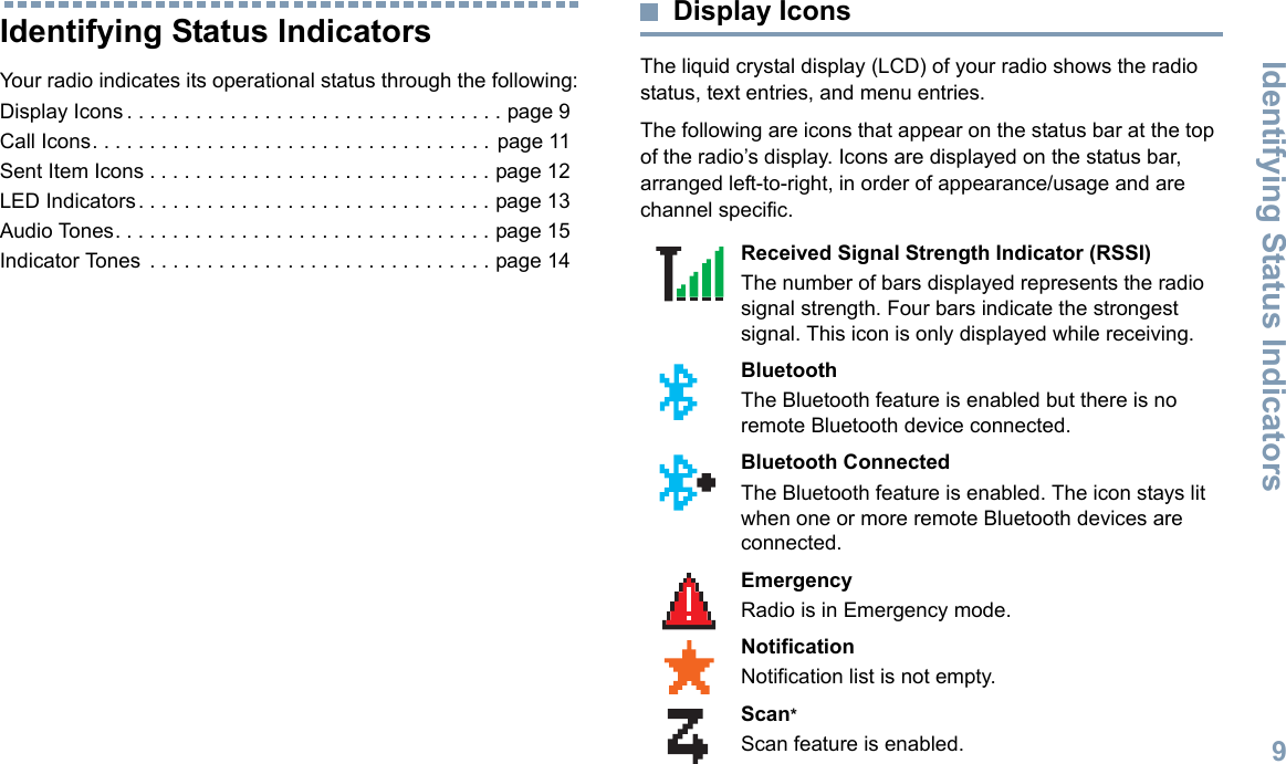 Identifying Status IndicatorsEnglish9Identifying Status IndicatorsYour radio indicates its operational status through the following:Display Icons . . . . . . . . . . . . . . . . . . . . . . . . . . . . . . . . . page 9Call Icons. . . . . . . . . . . . . . . . . . . . . . . . . . . . . . . . . . . page 11Sent Item Icons . . . . . . . . . . . . . . . . . . . . . . . . . . . . . . page 12LED Indicators. . . . . . . . . . . . . . . . . . . . . . . . . . . . . . . page 13Audio Tones. . . . . . . . . . . . . . . . . . . . . . . . . . . . . . . . . page 15Indicator Tones  . . . . . . . . . . . . . . . . . . . . . . . . . . . . . . page 14Display IconsThe liquid crystal display (LCD) of your radio shows the radio status, text entries, and menu entries.The following are icons that appear on the status bar at the top of the radio’s display. Icons are displayed on the status bar, arranged left-to-right, in order of appearance/usage and are channel specific.      Received Signal Strength Indicator (RSSI)The number of bars displayed represents the radio signal strength. Four bars indicate the strongest signal. This icon is only displayed while receiving.Bluetooth The Bluetooth feature is enabled but there is no remote Bluetooth device connected.Bluetooth ConnectedThe Bluetooth feature is enabled. The icon stays lit when one or more remote Bluetooth devices are connected.EmergencyRadio is in Emergency mode.NotificationNotification list is not empty.Scan*Scan feature is enabled. 