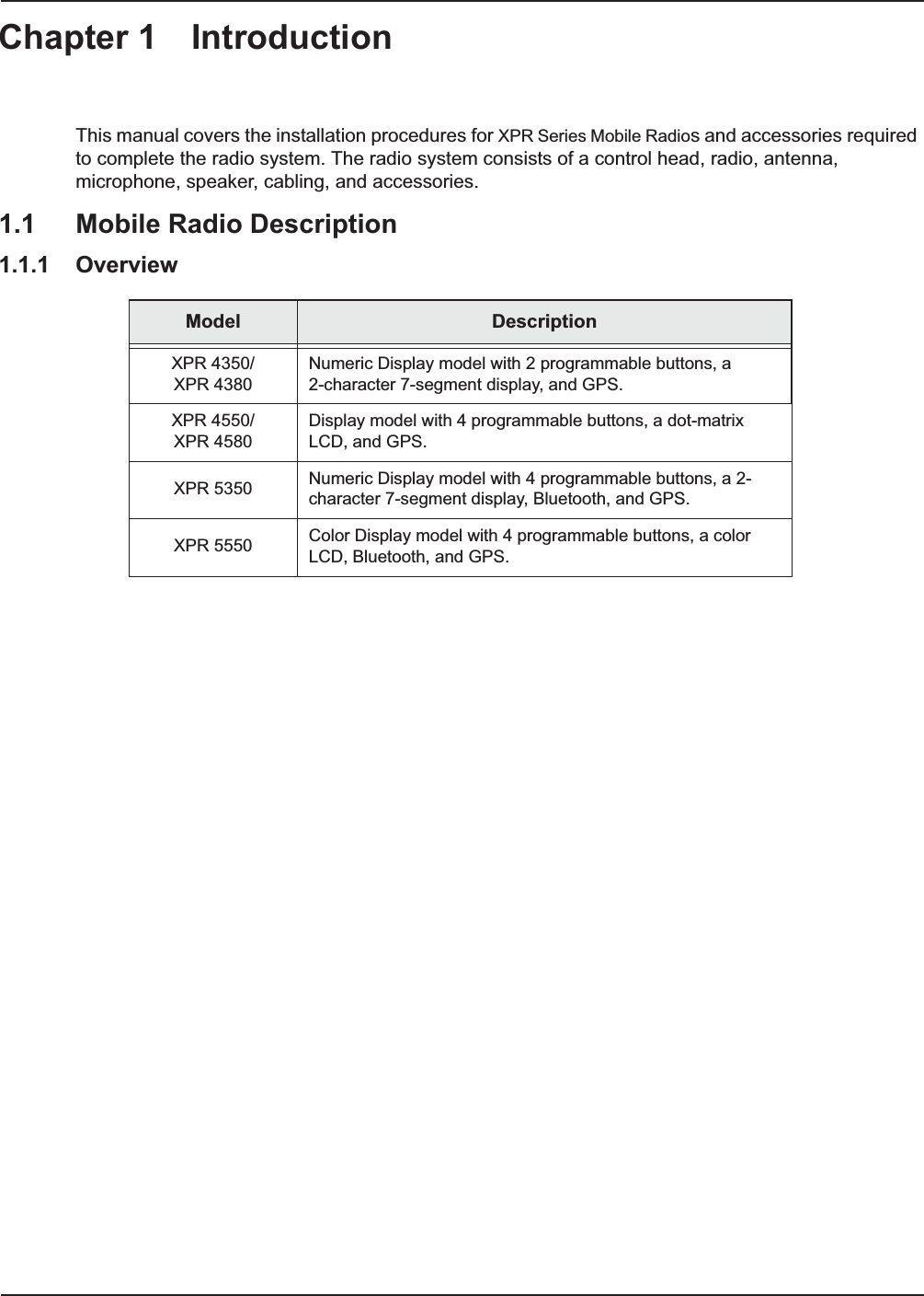Chapter 1 IntroductionThis manual covers the installation procedures for XPR Series Mobile Radios and accessories required to complete the radio system. The radio system consists of a control head, radio, antenna, microphone, speaker, cabling, and accessories. 1.1 Mobile Radio Description1.1.1 Overview Model DescriptionXPR 4350/XPR 4380Numeric Display model with 2 programmable buttons, a 2-character 7-segment display, and GPS.XPR 4550/XPR 4580Display model with 4 programmable buttons, a dot-matrix LCD, and GPS.XPR 5350 Numeric Display model with 4 programmable buttons, a 2-character 7-segment display, Bluetooth, and GPS.XPR 5550 Color Display model with 4 programmable buttons, a color LCD, Bluetooth, and GPS.