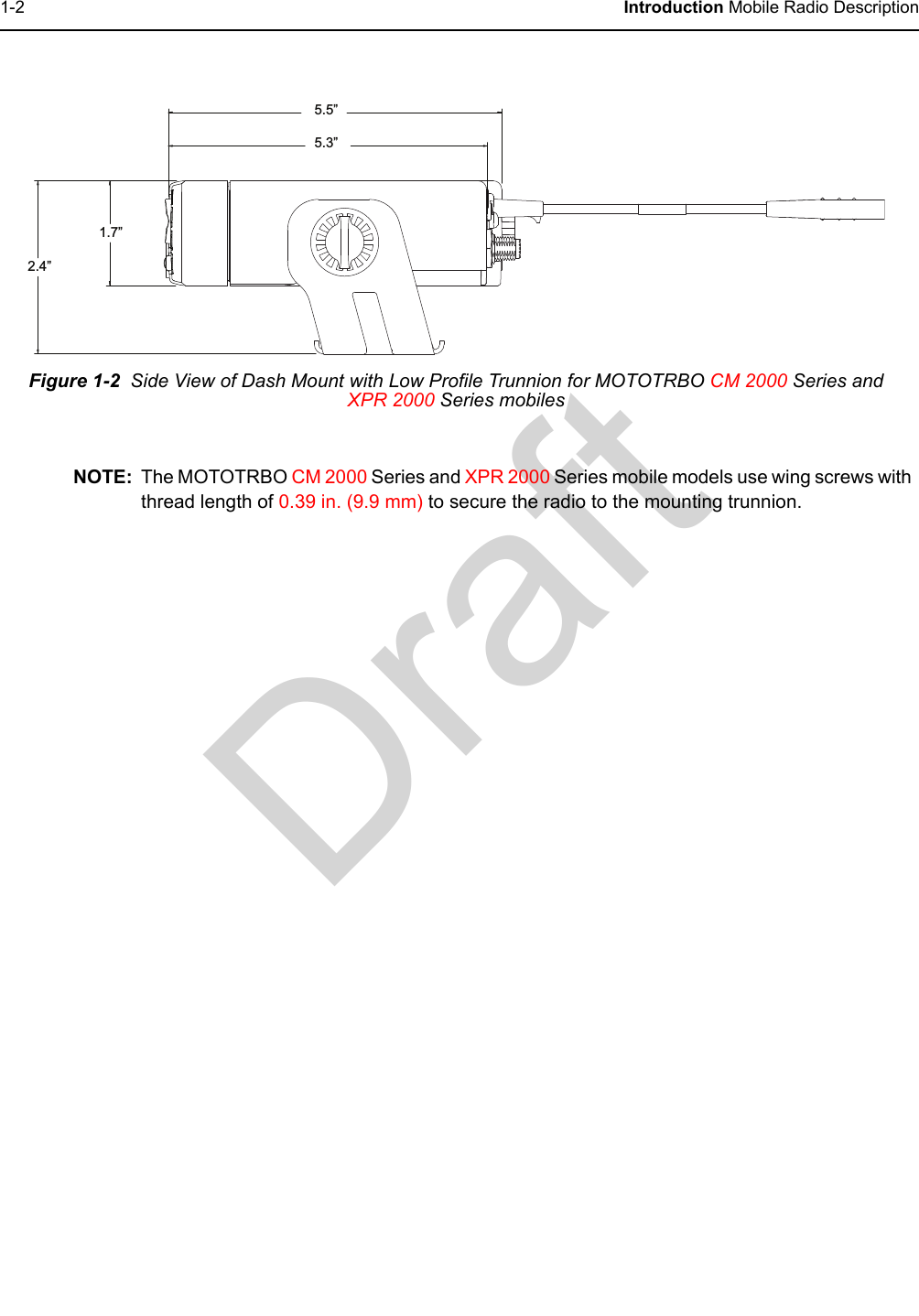 Draft1-2 Introduction Mobile Radio DescriptionNOTE: The MOTOTRBO CM 2000 Series and XPR 2000 Series mobile models use wing screws with thread length of 0.39 in. (9.9 mm) to secure the radio to the mounting trunnion.Figure 1-2  Side View of Dash Mount with Low Profile Trunnion for MOTOTRBO CM 2000 Series and XPR 2000 Series mobiles5.5”5.3”1.7”2.4”