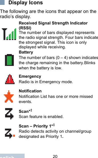                                 20EnglishDisplay IconsThe following are the icons that appear on the radio’s display.Received Signal Strength Indicator (RSSI)The number of bars displayed represents the radio signal strength. Four bars indicate the strongest signal. This icon is only displayed while receiving.BatteryThe number of bars (0 – 4) shown indicates the charge remaining in the battery.Blinks when the battery is low.EmergencyRadio is in Emergency mode.NotificationNotification List has one or more missed events.Scan*‡Scan feature is enabled.Scan – Priority 1*‡Radio detects activity on channel/group designated as Priority 1.