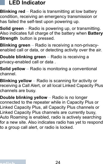                                 24EnglishLED IndicatorBlinking red – Radio is transmitting at low battery condition, receiving an emergency transmission or has failed the self-test upon powering up.Solid green – Radio is powering up, or transmitting. Also indicates full charge of the battery when Battery Strength  button is pressed.Blinking green – Radio is receiving a non-privacy-enabled call or data, or detecting activity over the air.Double blinking green – Radio is receiving a privacy-enabled call or data . Solid yellow – Radio is monitoring a conventional channel. Blinking yellow – Radio is scanning for activity or receiving a Call Alert, or all local Linked Capacity Plus channels are busy.Double blinking yellow – Radio is no longer connected to the repeater while in Capacity Plus or Linked Capacity Plus, all Capacity Plus channels or Linked Capacity Plus channels are currently busy, Auto Roaming is enabled, radio is actively searching for a new site. Also indicates radio has yet to respond to a group call alert, or radio is locked.