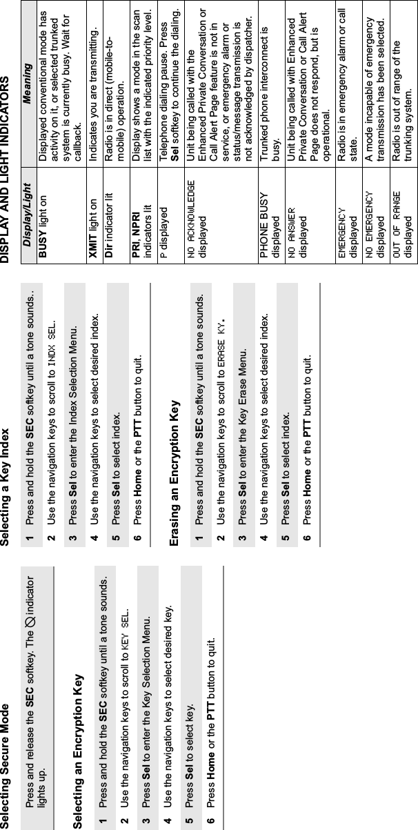Selecting Secure ModeSelecting an Encryption KeySelecting a Key IndexErasing an Encryption KeyDISPLAY AND LIGHT INDICATORSPress and release the SEC softkey. The D indicator lights up.1Press and hold the SEC softkey until a tone sounds.2Use the navigation keys to scroll to KEY SEL.3Press Sel to enter the Key Selection Menu.4Use the navigation keys to select desired key.5Press Sel to select key.6Press Home or the PTT button to quit.1Press and hold the SEC softkey until a tone sounds..2Use the navigation keys to scroll to INDX SEL.3Press Sel to enter the Index Selection Menu.4Use the navigation keys to select desired index.5Press Sel to select index.6Press Home or the PTT button to quit.1Press and hold the SEC softkey until a tone sounds.2Use the navigation keys to scroll to ERASE KY.3Press Sel to enter the Key Erase Menu.4Use the navigation keys to select desired index.5Press Sel to select index.6Press Home or the PTT button to quit.Display/Light MeaningBUSY light on Displayed conventional mode has activity on it, or selected trunked system is currently busy. Wait for callback.XMIT light on Indicates you are transmitting.Dir indicator lit Radio is in direct (mobile-to-mobile) operation.PRI,NPRIindicators litDisplay shows a mode in the scan list with the indicated priority level.P displayed Telephone dialing pause. Press Sel softkey to continue the dialing.NO ACKNOWLEDGEdisplayedUnit being called with the Enhanced Private Conversation or Call Alert Page feature is not in service, or emergency alarm or status/message transmission is not acknowledged by dispatcher.PHONE BUSY displayedTrunked phone interconnect is busy.NO ANSWERdisplayedUnit being called with Enhanced Private Conversation or Call Alert Page does not respond, but is operational.EMERGENCYdisplayedRadio is in emergency alarm or call state.NO EMERGENCYdisplayedA mode incapable of emergency transmission has been selected.OUT OF RANGEdisplayedRadio is out of range of the trunking system.