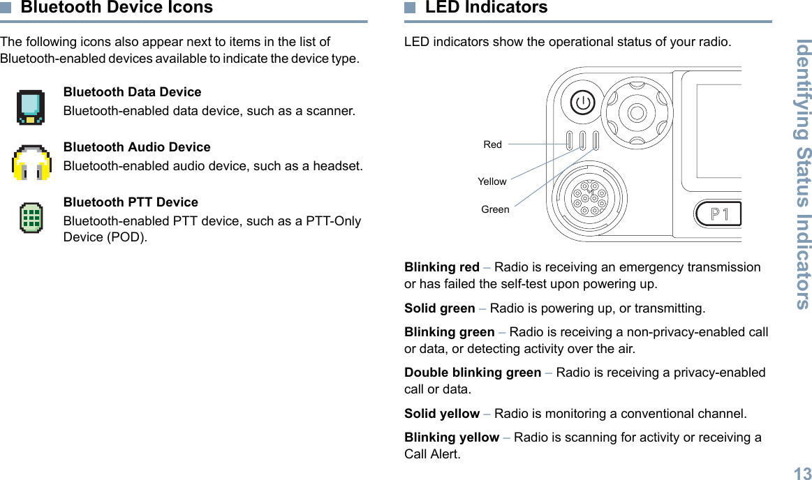 Identifying Status IndicatorsEnglish13Bluetooth Device IconsThe following icons also appear next to items in the list of Bluetooth-enabled devices available to indicate the device type.   LED IndicatorsLED indicators show the operational status of your radio.Blinking red – Radio is receiving an emergency transmission or has failed the self-test upon powering up.Solid green – Radio is powering up, or transmitting. Blinking green – Radio is receiving a non-privacy-enabled call or data, or detecting activity over the air.Double blinking green – Radio is receiving a privacy-enabled call or data. Solid yellow – Radio is monitoring a conventional channel. Blinking yellow – Radio is scanning for activity or receiving a Call Alert.Bluetooth Data DeviceBluetooth-enabled data device, such as a scanner.Bluetooth Audio DeviceBluetooth-enabled audio device, such as a headset.Bluetooth PTT DeviceBluetooth-enabled PTT device, such as a PTT-Only Device (POD).P 1 P 2 P 3 P 4O KMENURedYellowGreen