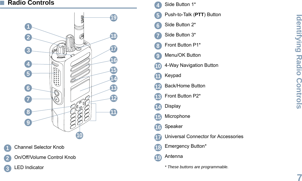 Identifying Radio ControlsEnglish7Radio ControlsChannel Selector KnobOn/Off/Volume Control KnobLED Indicator14315171087652111184161319912123Side Button 1*Push-to-Talk (PTT) ButtonSide Button 2*Side Button 3*Front Button P1*Menu/OK Button4-Way Navigation ButtonKeypadBack/Home ButtonFront Button P2*DisplayMicrophoneSpeakerUniversal Connector for AccessoriesEmergency Button*Antenna* These buttons are programmable.45678910111213141516171819