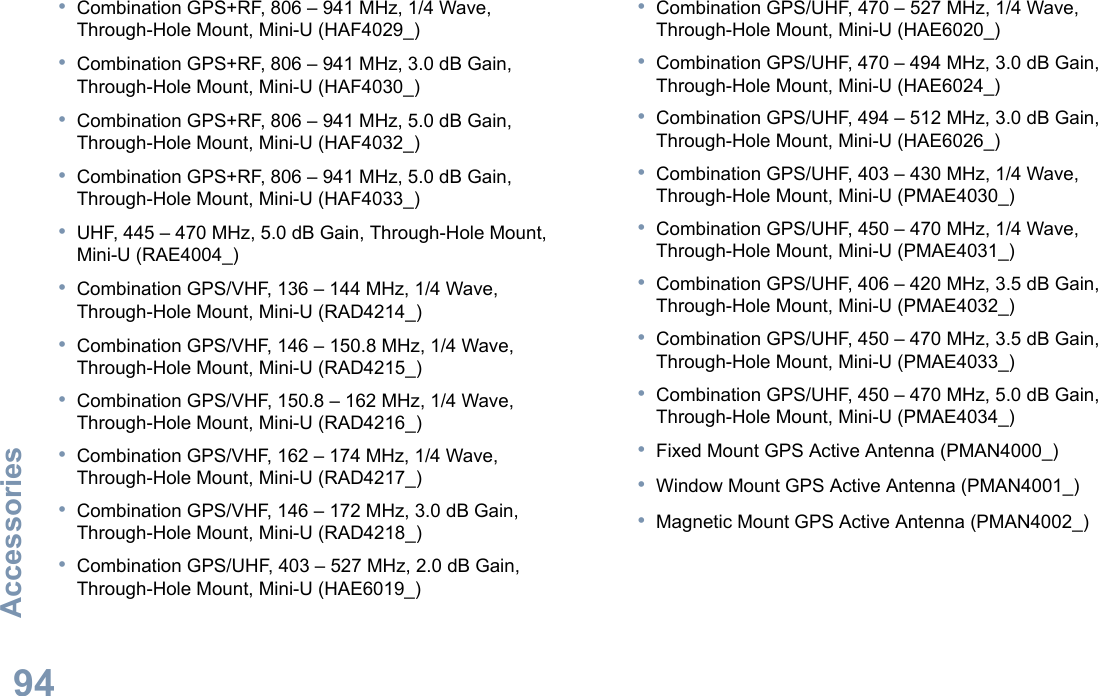AccessoriesEnglish94•Combination GPS+RF, 806 – 941 MHz, 1/4 Wave, Through-Hole Mount, Mini-U (HAF4029_)•Combination GPS+RF, 806 – 941 MHz, 3.0 dB Gain, Through-Hole Mount, Mini-U (HAF4030_)•Combination GPS+RF, 806 – 941 MHz, 5.0 dB Gain, Through-Hole Mount, Mini-U (HAF4032_)•Combination GPS+RF, 806 – 941 MHz, 5.0 dB Gain, Through-Hole Mount, Mini-U (HAF4033_)•UHF, 445 – 470 MHz, 5.0 dB Gain, Through-Hole Mount, Mini-U (RAE4004_)•Combination GPS/VHF, 136 – 144 MHz, 1/4 Wave, Through-Hole Mount, Mini-U (RAD4214_)•Combination GPS/VHF, 146 – 150.8 MHz, 1/4 Wave, Through-Hole Mount, Mini-U (RAD4215_)•Combination GPS/VHF, 150.8 – 162 MHz, 1/4 Wave, Through-Hole Mount, Mini-U (RAD4216_)•Combination GPS/VHF, 162 – 174 MHz, 1/4 Wave, Through-Hole Mount, Mini-U (RAD4217_)•Combination GPS/VHF, 146 – 172 MHz, 3.0 dB Gain, Through-Hole Mount, Mini-U (RAD4218_)•Combination GPS/UHF, 403 – 527 MHz, 2.0 dB Gain, Through-Hole Mount, Mini-U (HAE6019_)•Combination GPS/UHF, 470 – 527 MHz, 1/4 Wave, Through-Hole Mount, Mini-U (HAE6020_)•Combination GPS/UHF, 470 – 494 MHz, 3.0 dB Gain, Through-Hole Mount, Mini-U (HAE6024_)•Combination GPS/UHF, 494 – 512 MHz, 3.0 dB Gain, Through-Hole Mount, Mini-U (HAE6026_)•Combination GPS/UHF, 403 – 430 MHz, 1/4 Wave, Through-Hole Mount, Mini-U (PMAE4030_)•Combination GPS/UHF, 450 – 470 MHz, 1/4 Wave, Through-Hole Mount, Mini-U (PMAE4031_)•Combination GPS/UHF, 406 – 420 MHz, 3.5 dB Gain, Through-Hole Mount, Mini-U (PMAE4032_)•Combination GPS/UHF, 450 – 470 MHz, 3.5 dB Gain, Through-Hole Mount, Mini-U (PMAE4033_)•Combination GPS/UHF, 450 – 470 MHz, 5.0 dB Gain, Through-Hole Mount, Mini-U (PMAE4034_)•Fixed Mount GPS Active Antenna (PMAN4000_)•Window Mount GPS Active Antenna (PMAN4001_)•Magnetic Mount GPS Active Antenna (PMAN4002_)