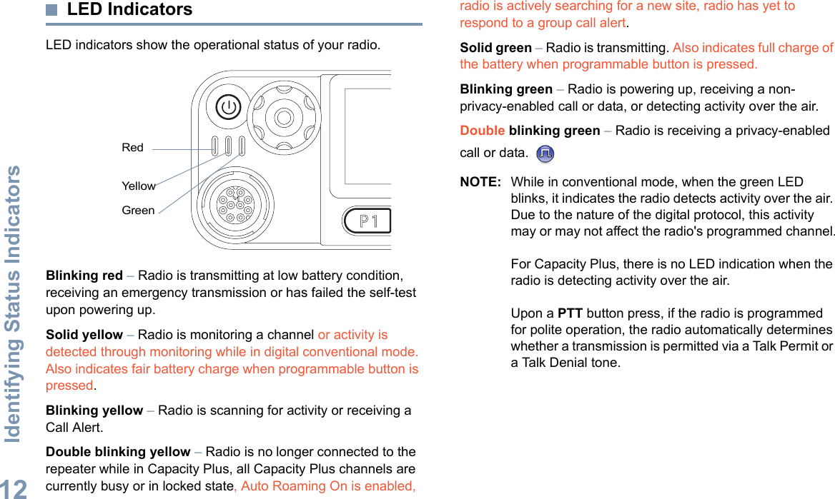 Identifying Status IndicatorsEnglish12LED IndicatorsLED indicators show the operational status of your radio.Blinking red – Radio is transmitting at low battery condition, receiving an emergency transmission or has failed the self-test upon powering up.Solid yellow – Radio is monitoring a channel or activity is detected through monitoring while in digital conventional mode. Also indicates fair battery charge when programmable button is pressed.Blinking yellow – Radio is scanning for activity or receiving a Call Alert.Double blinking yellow – Radio is no longer connected to the repeater while in Capacity Plus, all Capacity Plus channels are currently busy or in locked state, Auto Roaming On is enabled, radio is actively searching for a new site, radio has yet to respond to a group call alert. Solid green – Radio is transmitting. Also indicates full charge of the battery when programmable button is pressed.Blinking green – Radio is powering up, receiving a non-privacy-enabled call or data, or detecting activity over the air.Double blinking green – Radio is receiving a privacy-enabled call or data. NOTE: While in conventional mode, when the green LED blinks, it indicates the radio detects activity over the air. Due to the nature of the digital protocol, this activity may or may not affect the radio&apos;s programmed channel.For Capacity Plus, there is no LED indication when the radio is detecting activity over the air.Upon a PTT button press, if the radio is programmed for polite operation, the radio automatically determines whether a transmission is permitted via a Talk Permit or a Talk Denial tone.P 1 P 2 P 3 P 4O KMENURed Yellow Green 