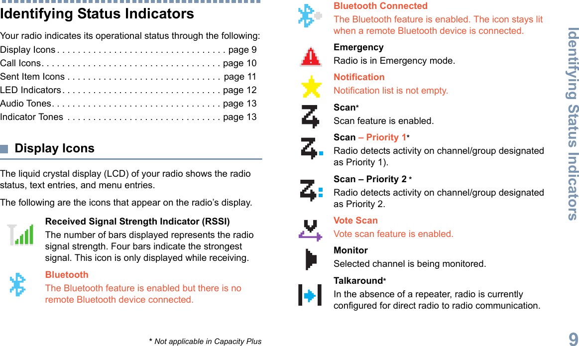 Identifying Status IndicatorsEnglish9Identifying Status IndicatorsYour radio indicates its operational status through the following:Display Icons . . . . . . . . . . . . . . . . . . . . . . . . . . . . . . . . . page 9Call Icons. . . . . . . . . . . . . . . . . . . . . . . . . . . . . . . . . . . page 10Sent Item Icons . . . . . . . . . . . . . . . . . . . . . . . . . . . . . . page 11LED Indicators. . . . . . . . . . . . . . . . . . . . . . . . . . . . . . . page 12Audio Tones. . . . . . . . . . . . . . . . . . . . . . . . . . . . . . . . . page 13Indicator Tones  . . . . . . . . . . . . . . . . . . . . . . . . . . . . . . page 13Display IconsThe liquid crystal display (LCD) of your radio shows the radio status, text entries, and menu entries.The following are the icons that appear on the radio’s display.   Received Signal Strength Indicator (RSSI)The number of bars displayed represents the radio signal strength. Four bars indicate the strongest signal. This icon is only displayed while receiving.Bluetooth The Bluetooth feature is enabled but there is no remote Bluetooth device connected.Bluetooth ConnectedThe Bluetooth feature is enabled. The icon stays lit when a remote Bluetooth device is connected.EmergencyRadio is in Emergency mode.NotificationNotification list is not empty.Scan*Scan feature is enabled. Scan – Priority 1*Radio detects activity on channel/group designated as Priority 1).Scan – Priority 2 *Radio detects activity on channel/group designated as Priority 2.Vote ScanVote scan feature is enabled.MonitorSelected channel is being monitored.Talkaround*In the absence of a repeater, radio is currently configured for direct radio to radio communication.* Not applicable in Capacity Plus