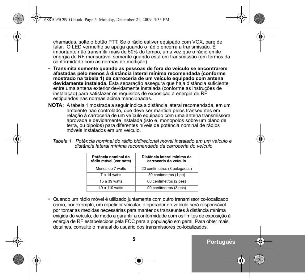 5Portuguêschamadas, solte o botão PTT. Se o rádio estiver equipado com VOX, pare de falar.  O LED vermelho se apaga quando o rádio encerra a transmissão. É importante não transmitir mais de 50% do tempo, uma vez que o rádio emite energia de RF mensurável somente quando está em transmissão (em termos da conformidade com as normas de medição).•Transmita somente quando as pessoas de fora do veículo se encontrarem afastadas pelo menos à distância lateral mínima recomendada (conforme mostrado na tabela 1) da carroceria de um veículo equipado com antena devidamente instalada. Esta separação assegura que haja distância suficiente entre uma antena exterior devidamente instalada (conforme as instruções de instalação) para satisfazer os requisitos de exposição à energia de RF estipulados nas normas acima mencionadas.NOTA: A tabela 1 mostrada a seguir indica a distância lateral recomendada, em um ambiente não controlado, que deve ser mantida pelos transeuntes em relação á carroceria de um veículo equipado com uma antena transmissora aprovada e devidamente instalada (isto é, monopolos sobre um plano de terra, ou bipolos) para diferentes níveis de potência nominal de rádios móveis instalados em um veículo.• Quando um rádio móvel é utilizado juntamente com outro transmissor co-localizado como, por exemplo, um repetidor veicular, o operador do veículo será responsável por tomar as medidas necessárias para manter os transeuntes à distância mínima exigida do veículo, de modo a garantir a conformidade com os limites de exposição à energia de RF estabelecidos pela FCC para a população em geral. Para obter mais detalhes, consulte o manual do usuário dos transmissores co-localizados.Tabela 1.  Potência nominal do rádio bidirecional móvel instalado em um veículo e  distância lateral mínima recomendada da carroceria do veículoPotência nominal do rádio móvel (ver nota) Distância lateral mínima da carroceria do veículoMenos de 7 watts 20 centímetros (8 polegadas)7 a 14 watts 30 centímetros (1 pé)15 a 39 watts 60 centímetros (2 pés)40 a 110 watts 90 centímetros (3 pés)6881095C99-G.book  Page 5  Monday, December 21, 2009  3:33 PM