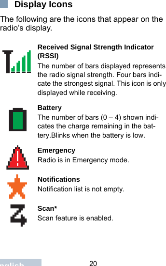                                 20EnglishDisplay IconsThe following are the icons that appear on the radio’s display.Received Signal Strength Indicator (RSSI)The number of bars displayed represents the radio signal strength. Four bars indi-cate the strongest signal. This icon is only displayed while receiving.BatteryThe number of bars (0 – 4) shown indi-cates the charge remaining in the bat-tery.Blinks when the battery is low.EmergencyRadio is in Emergency mode.NotificationsNotification list is not empty.Scan*Scan feature is enabled.