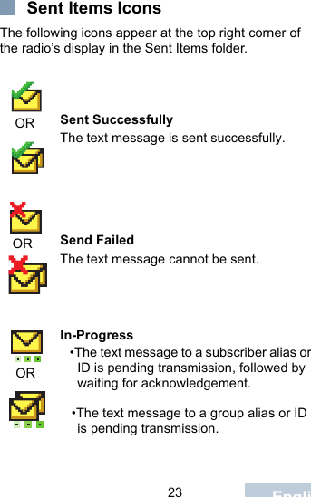                                 23 EnglishSent Items IconsThe following icons appear at the top right corner of the radio’s display in the Sent Items folder.Sent SuccessfullyThe text message is sent successfully.Send FailedThe text message cannot be sent.In-Progress•The text message to a subscriber alias or ID is pending transmission, followed by waiting for acknowledgement.•The text message to a group alias or ID is pending transmission.OROROR