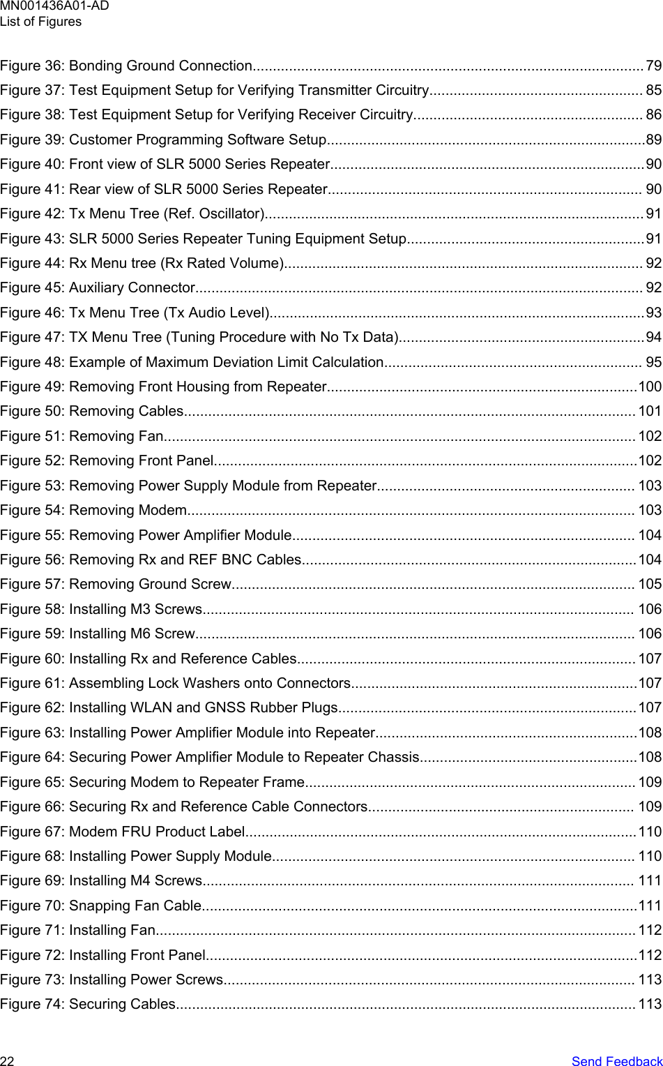Figure 36: Bonding Ground Connection................................................................................................. 79Figure 37: Test Equipment Setup for Verifying Transmitter Circuitry..................................................... 85Figure 38: Test Equipment Setup for Verifying Receiver Circuitry......................................................... 86Figure 39: Customer Programming Software Setup...............................................................................89Figure 40: Front view of SLR 5000 Series Repeater..............................................................................90Figure 41: Rear view of SLR 5000 Series Repeater.............................................................................. 90Figure 42: Tx Menu Tree (Ref. Oscillator).............................................................................................. 91Figure 43: SLR 5000 Series Repeater Tuning Equipment Setup...........................................................91Figure 44: Rx Menu tree (Rx Rated Volume)......................................................................................... 92Figure 45: Auxiliary Connector............................................................................................................... 92Figure 46: Tx Menu Tree (Tx Audio Level).............................................................................................93Figure 47: TX Menu Tree (Tuning Procedure with No Tx Data).............................................................94Figure 48: Example of Maximum Deviation Limit Calculation................................................................ 95Figure 49: Removing Front Housing from Repeater.............................................................................100Figure 50: Removing Cables................................................................................................................ 101Figure 51: Removing Fan..................................................................................................................... 102Figure 52: Removing Front Panel.........................................................................................................102Figure 53: Removing Power Supply Module from Repeater................................................................ 103Figure 54: Removing Modem............................................................................................................... 103Figure 55: Removing Power Amplifier Module..................................................................................... 104Figure 56: Removing Rx and REF BNC Cables...................................................................................104Figure 57: Removing Ground Screw.................................................................................................... 105Figure 58: Installing M3 Screws........................................................................................................... 106Figure 59: Installing M6 Screw............................................................................................................. 106Figure 60: Installing Rx and Reference Cables.................................................................................... 107Figure 61: Assembling Lock Washers onto Connectors.......................................................................107Figure 62: Installing WLAN and GNSS Rubber Plugs..........................................................................107Figure 63: Installing Power Amplifier Module into Repeater.................................................................108Figure 64: Securing Power Amplifier Module to Repeater Chassis......................................................108Figure 65: Securing Modem to Repeater Frame.................................................................................. 109Figure 66: Securing Rx and Reference Cable Connectors.................................................................. 109Figure 67: Modem FRU Product Label.................................................................................................110Figure 68: Installing Power Supply Module.......................................................................................... 110Figure 69: Installing M4 Screws........................................................................................................... 111Figure 70: Snapping Fan Cable............................................................................................................111Figure 71: Installing Fan....................................................................................................................... 112Figure 72: Installing Front Panel...........................................................................................................112Figure 73: Installing Power Screws...................................................................................................... 113Figure 74: Securing Cables.................................................................................................................. 113MN001436A01-ADList of Figures22   Send Feedback