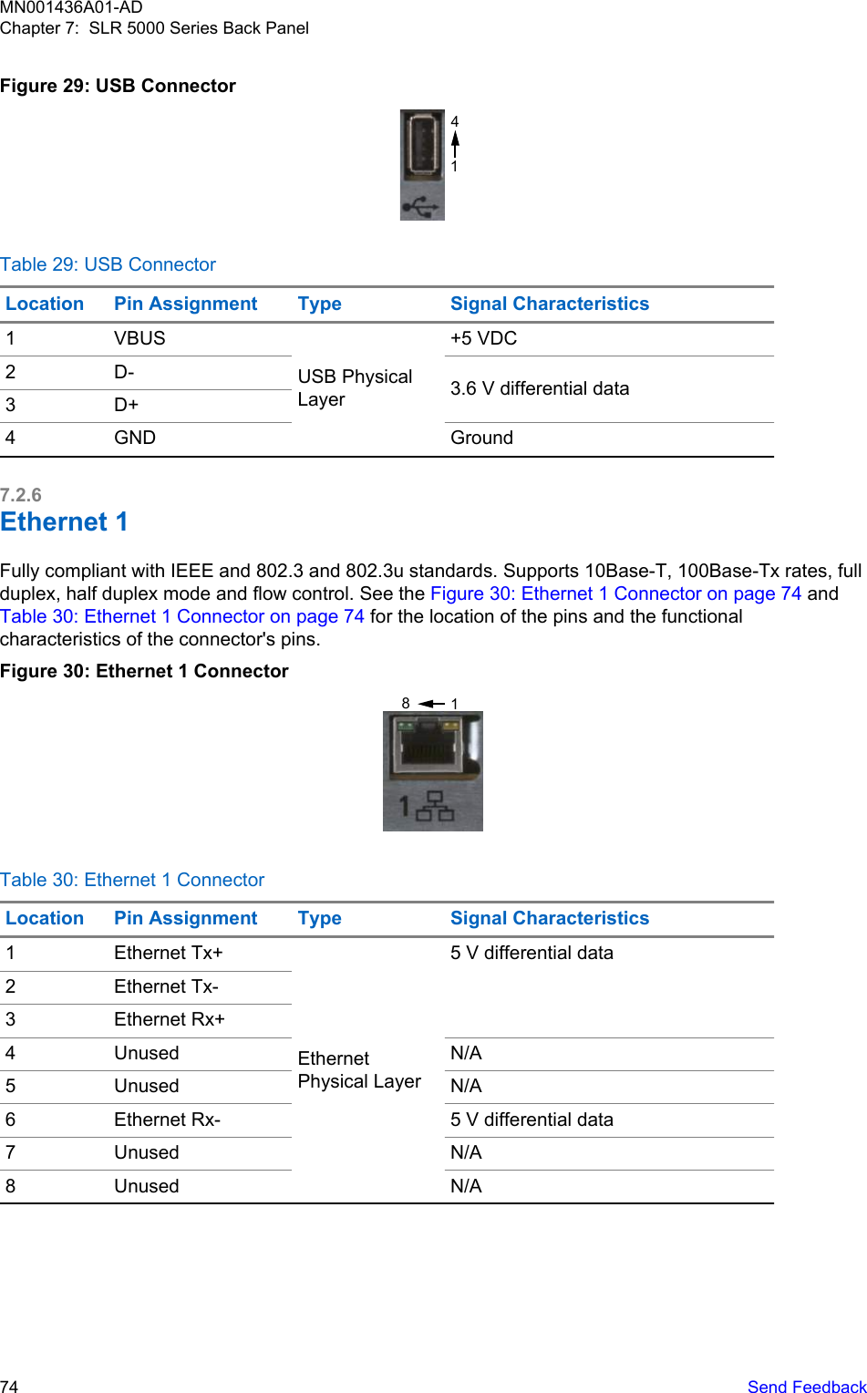 Figure 29: USB Connector14Table 29: USB ConnectorLocation Pin Assignment Type Signal Characteristics1 VBUSUSB PhysicalLayer+5 VDC2 D- 3.6 V differential data3 D+4 GND Ground7.2.6Ethernet 1Fully compliant with IEEE and 802.3 and 802.3u standards. Supports 10Base-T, 100Base-Tx rates, fullduplex, half duplex mode and flow control. See the Figure 30: Ethernet 1 Connector on page 74 and Table 30: Ethernet 1 Connector on page 74 for the location of the pins and the functionalcharacteristics of the connector&apos;s pins.Figure 30: Ethernet 1 Connector18Table 30: Ethernet 1 ConnectorLocation Pin Assignment Type Signal Characteristics1 Ethernet Tx+EthernetPhysical Layer5 V differential data2 Ethernet Tx-3 Ethernet Rx+4 Unused N/A5 Unused N/A6 Ethernet Rx- 5 V differential data7 Unused N/A8 Unused N/AMN001436A01-ADChapter 7:  SLR 5000 Series Back Panel74   Send Feedback