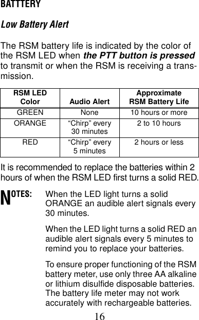 16BATTTERYLow Battery AlertThe RSM battery life is indicated by the color of the RSM LED when the PTT button is pressed to transmit or when the RSM is receiving a trans-mission. It is recommended to replace the batteries within 2 hours of when the RSM LED first turns a solid RED.OTES: When the LED light turns a solid ORANGE an audible alert signals every 30 minutes.When the LED light turns a solid RED an audible alert signals every 5 minutes to remind you to replace your batteries.To ensure proper functioning of the RSM battery meter, use only three AA alkaline or lithium disulfide disposable batteries. The battery life meter may not work accurately with rechargeable batteries.RSM LED Color Audio Alert ApproximateRSM Battery LifeGREEN None 10 hours or moreORANGE “Chirp” every 30 minutes 2 to 10 hoursRED “Chirp” every5 minutes 2 hours or lessN