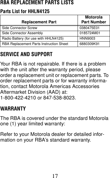 17RBA REPLACEMENT PARTS LISTSSERVICE AND SUPPORTYour RBA is not repairable. If there is a problem with the unit after the warranty period, please order a replacement unit or replacement parts. To order replacement parts or for warranty informa-tion, contact Motorola Americas Accessories Aftermarket Division (AAD) at:1-800-422-4210 or 847-538-8023.WARRANTYThe RBA is covered under the standard Motorola one (1) year limited warranty:Refer to your Motorola dealer for detailed infor-mation on your RBA’s standard warranty.Parts List for HHLN4125Replacement Part MotorolaPart NumberSide Connector Screw 0380475E01Side Connector Assembly 0185724M01Radio Battery (for use with HHLN4125) HNN9003RBA Replacement Parts Instruction Sheet 6880309K91