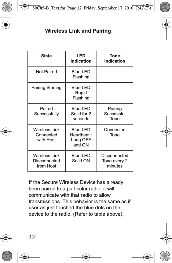 12If the Secure Wireless Device has already been paired to a particular radio, it will communicate with that radio to allow transmissions. This behavior is the same as if user as just touched the blue dots on the device to the radio. (Refer to table above). State LED IndicationTone IndicationNot Paired Blue LED FlashingPairing Starting Blue LED Rapid FlashingPaired Successfully Blue LED Solid for 2 secondsPairing Successful ToneWireless Link Connected with HostBlue LED Heartbeat : Long OFF and ONConnected ToneWireless Link Disconnected from HostBlue LED Solid ONDisconnected Tone every 2 minutesWireless Link and Pairing 89C85-B_Text.fm  Page 12  Friday, September 17, 2010  7:42 PM