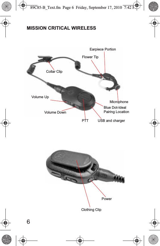 6MISSION CRITICAL WIRELESSCollar ClipFlower Tip        Earpiece PortionMicrophoneBlue Dot-Ideal Pairing LocationUSB and charger       PTTVolume DownVolume UpPowerClothing Clip89C85-B_Text.fm  Page 6  Friday, September 17, 2010  7:42 PM