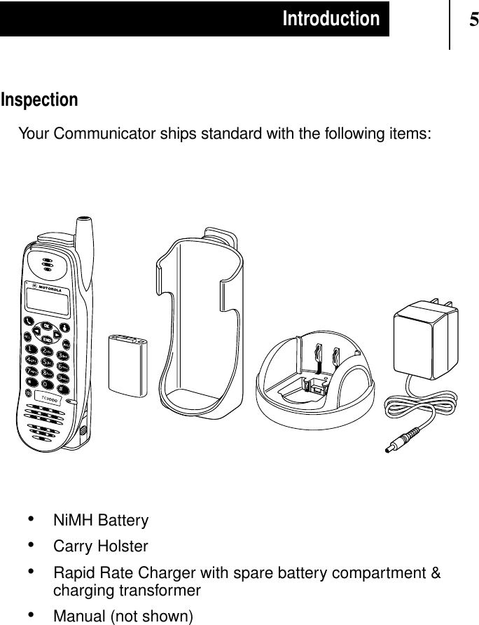 5IntroductionInspectionYour Communicator ships standard with the following items:•NiMH Battery•Carry Holster•Rapid Rate Charger with spare battery compartment &amp;charging transformer•Manual (not shown)