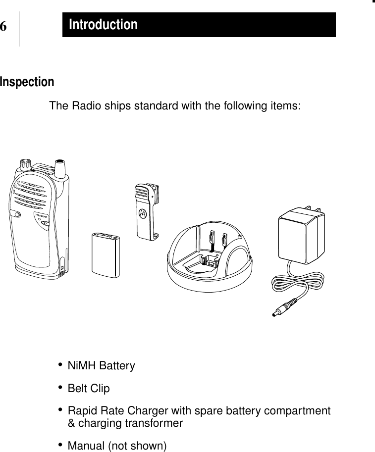 6IntroductionInspectionThe Radio ships standard with the following items:•NiMH Battery•Belt Clip•Rapid Rate Charger with spare battery compartment&amp; charging transformer•Manual (not shown)