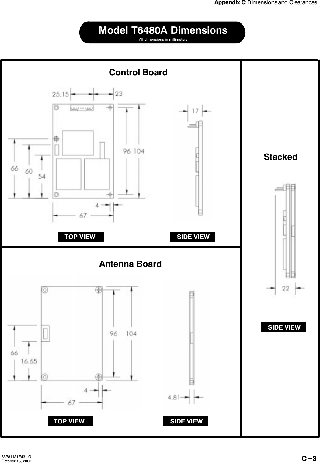 Appendix C Dimensions and ClearancesC-368P81131E43-OOctober 15, 2000Control BoardTOP VIEW SIDE VIEWAntenna BoardAll dimensions in millimetersModel T6480A DimensionsSIDE VIEWStackedSIDE VIEWTOP VIEW