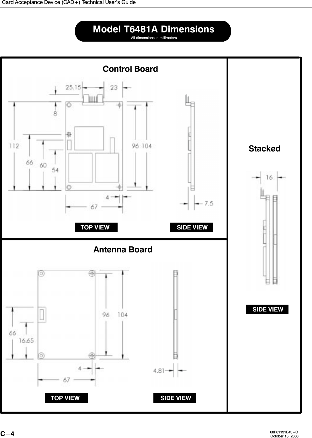 Card Acceptance Device (CAD+) Technical User&apos;s GuideC-4 68P81131E43-OOctober 15, 2000Control BoardTOP VIEW SIDE VIEWAntenna BoardAll dimensions in millimetersModel T6481A DimensionsSIDE VIEWStackedSIDE VIEWTOP VIEW