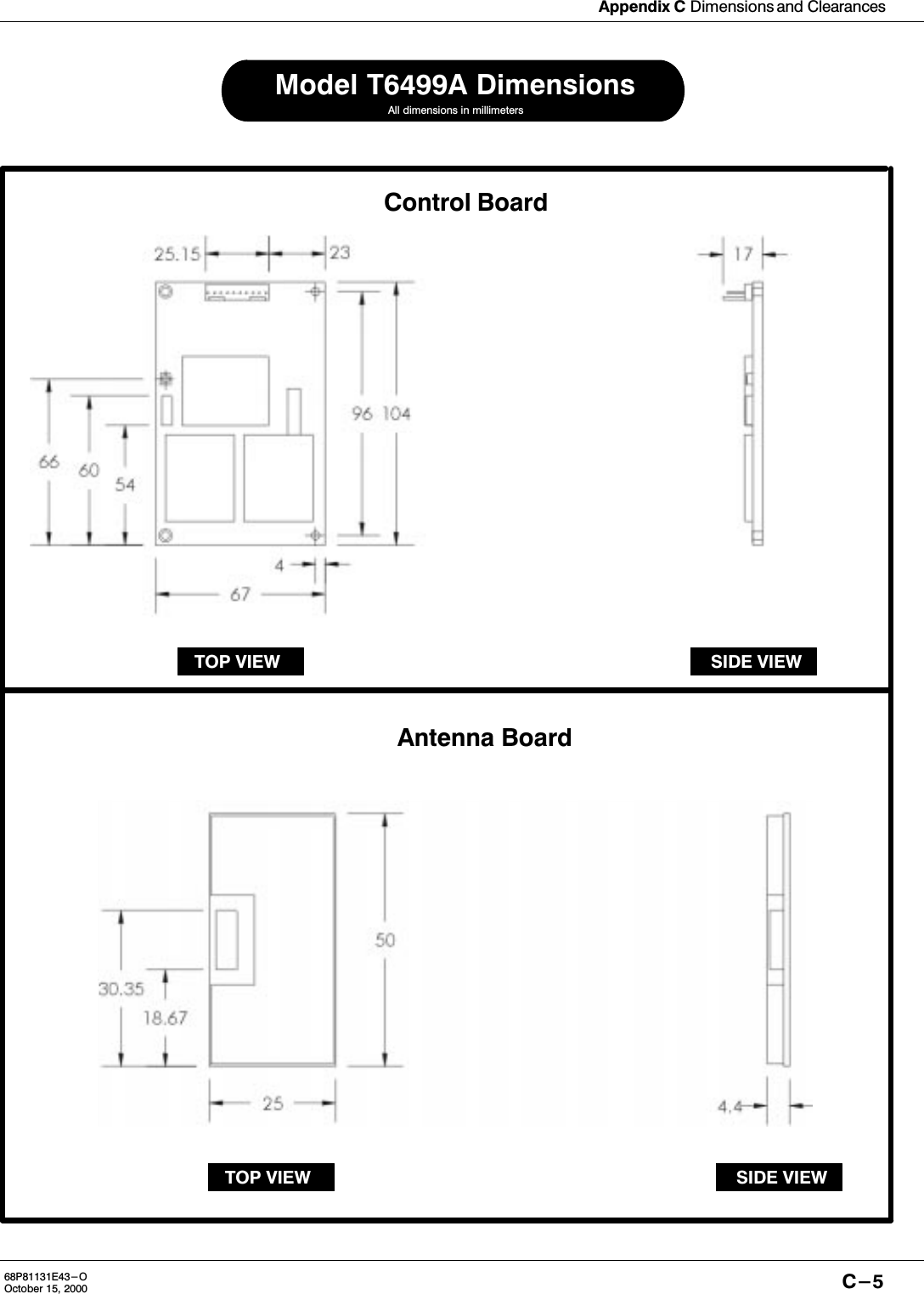 Appendix C Dimensions and ClearancesC-568P81131E43-OOctober 15, 2000Control BoardTOP VIEW SIDE VIEWAntenna BoardAll dimensions in millimetersModel T6499A DimensionsSIDE VIEWTOP VIEW