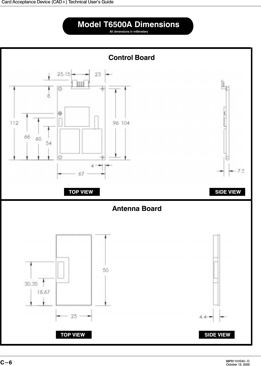 Card Acceptance Device (CAD+) Technical User&apos;s GuideC-6 68P81131E43-OOctober 15, 2000Control BoardAntenna BoardAll dimensions in millimetersModel T6500A DimensionsSIDE VIEWTOP VIEWTOP VIEW SIDE VIEW