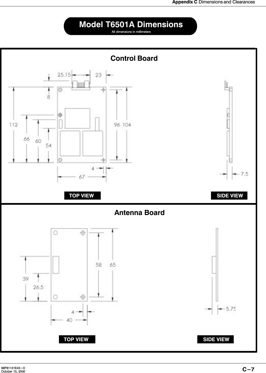 Appendix C Dimensions and ClearancesC-768P81131E43-OOctober 15, 2000Control BoardTOP VIEW SIDE VIEWAntenna BoardAll dimensions in millimetersModel T6501A DimensionsSIDE VIEWTOP VIEW