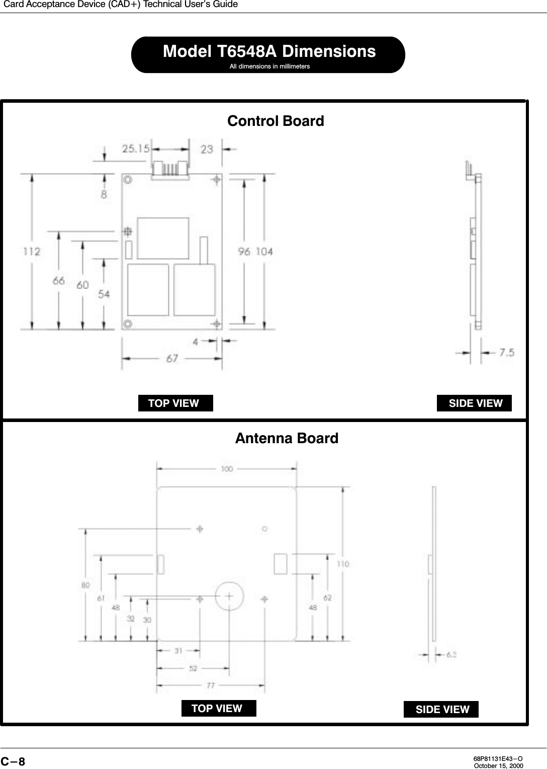 Card Acceptance Device (CAD+) Technical User&apos;s GuideC-8 68P81131E43-OOctober 15, 2000Control BoardTOP VIEW SIDE VIEWAntenna BoardAll dimensions in millimetersModel T6548A DimensionsSIDE VIEWTOP VIEW