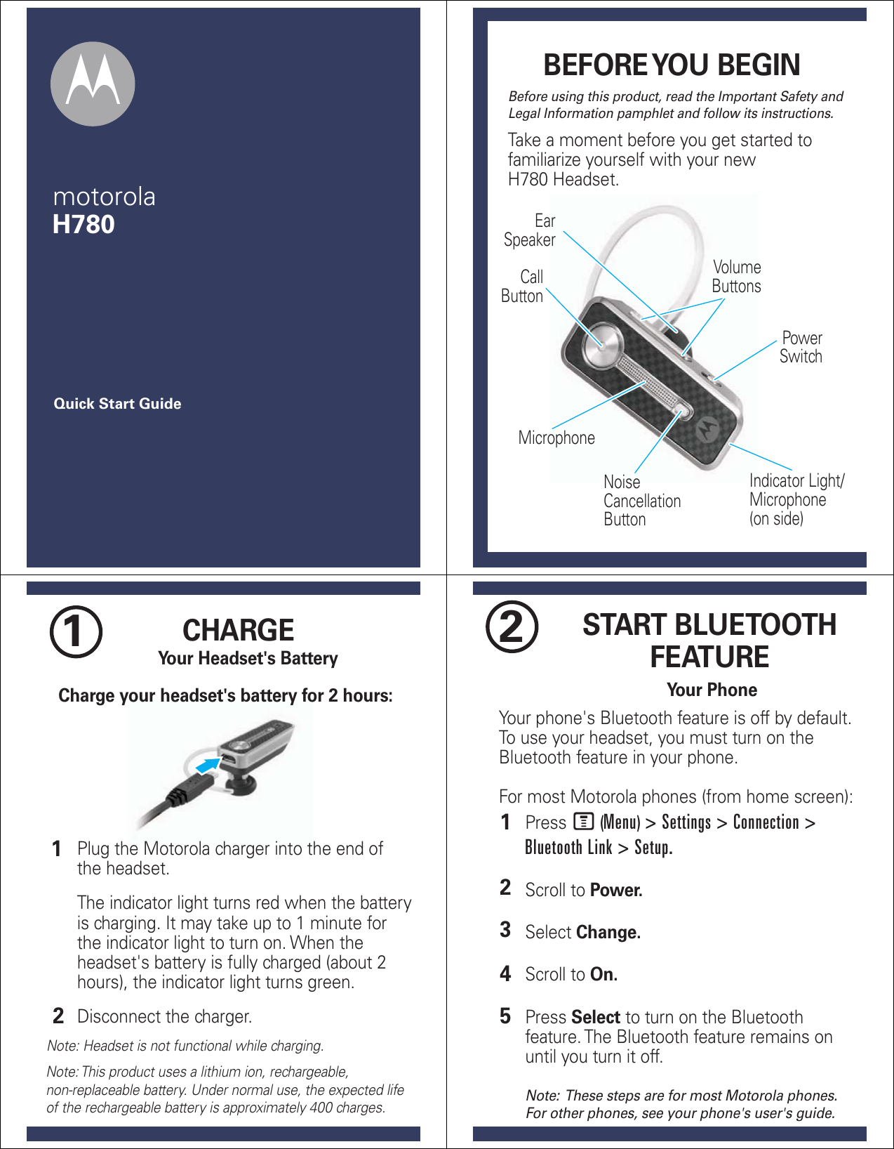 Page 1 of 7 - Motorola Motorola-H780-Users-Manual- H780 Quick Start Guide  Motorola-h780-users-manual
