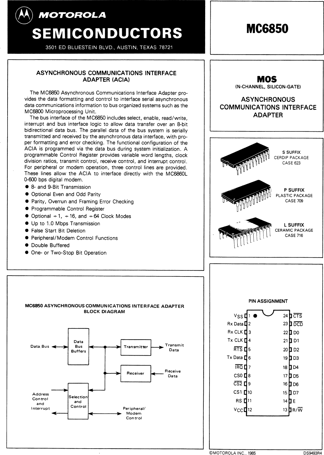 Page 1 of 12 - Motorola DATASHEET SEARCH SITE | WWW.ALLDATASHEET.COM MC6850 ACIA