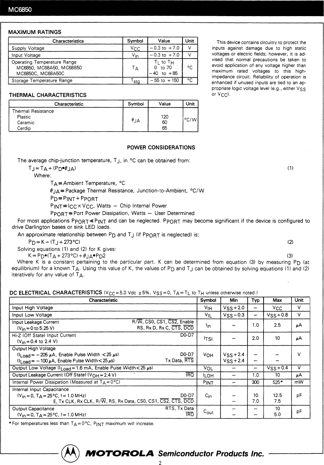Page 2 of 12 - Motorola DATASHEET SEARCH SITE | WWW.ALLDATASHEET.COM MC6850 ACIA