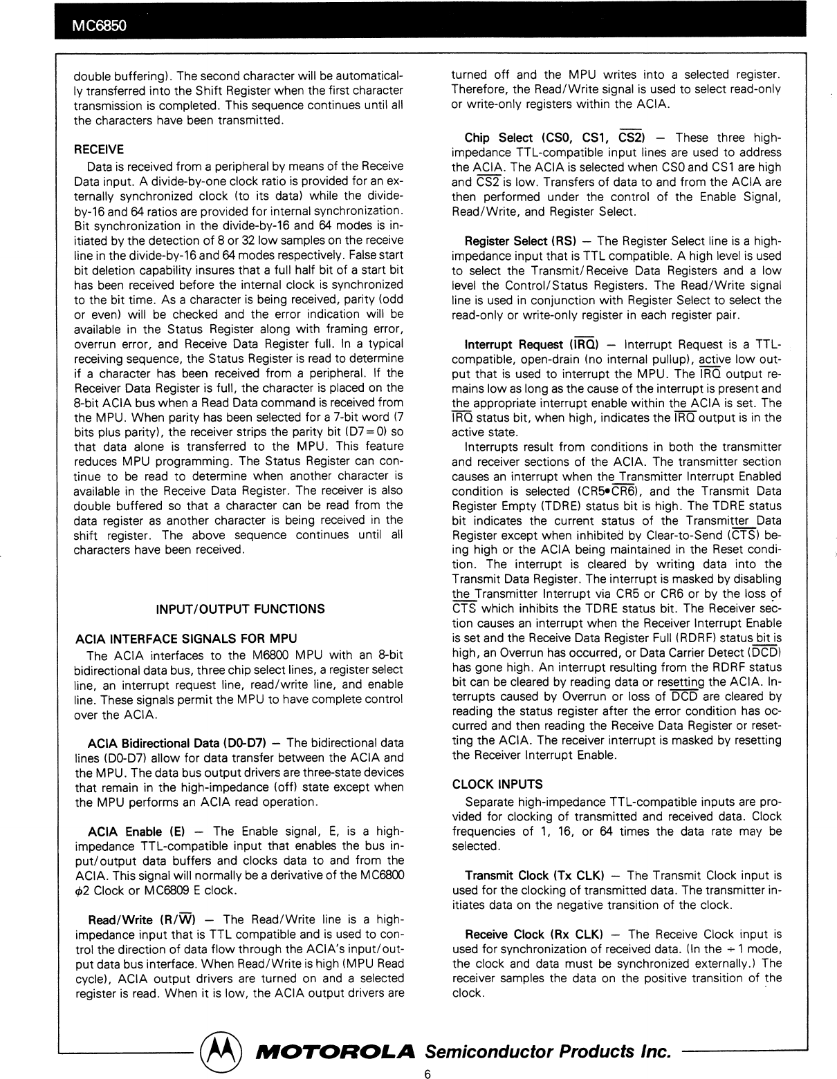 Page 6 of 12 - Motorola DATASHEET SEARCH SITE | WWW.ALLDATASHEET.COM MC6850 ACIA