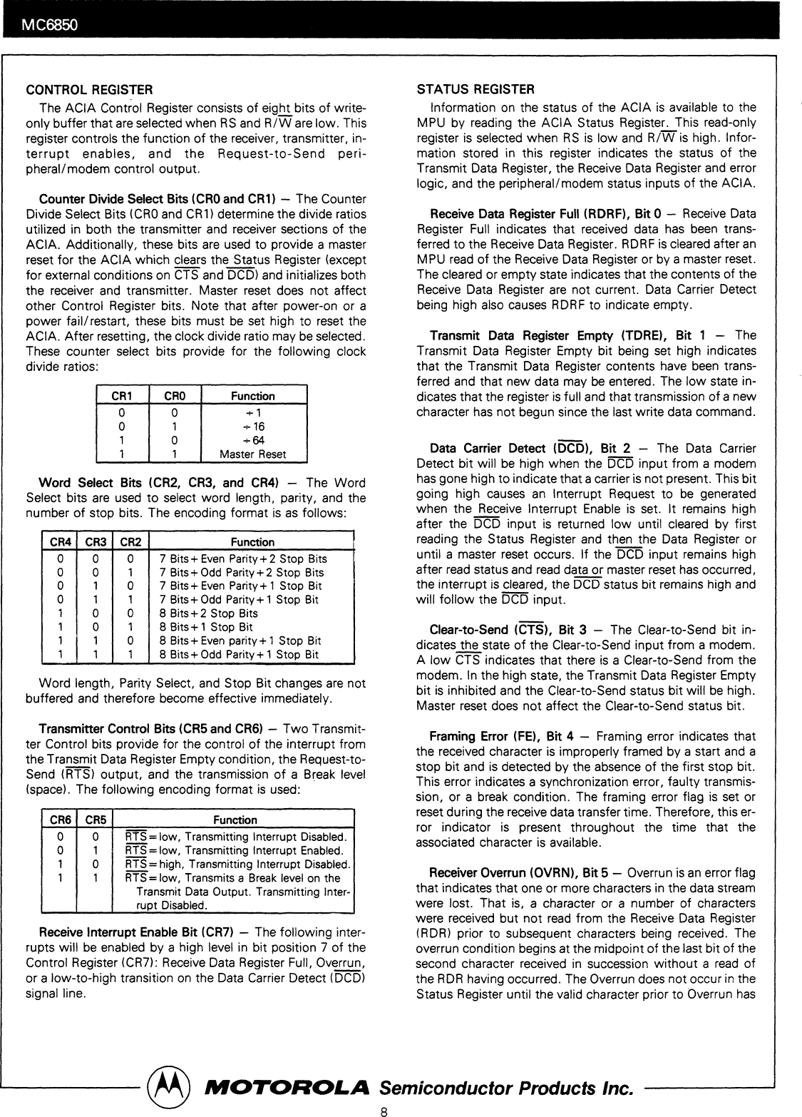 Page 8 of 12 - Motorola DATASHEET SEARCH SITE | WWW.ALLDATASHEET.COM MC6850 ACIA