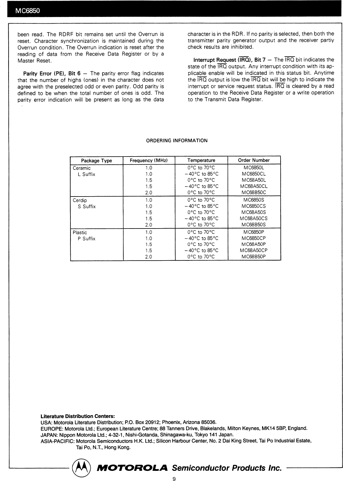 Motorola DATASHEET SEARCH SITE | WWW.ALLDATASHEET.COM MC6850 ACIA
