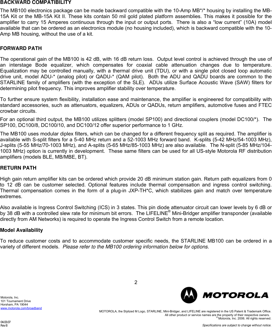 Page 2 of 6 - Motorola Motorola-Mb100-Users-Manual MB_1_GHz_Data_Sheet_040307-Rev8