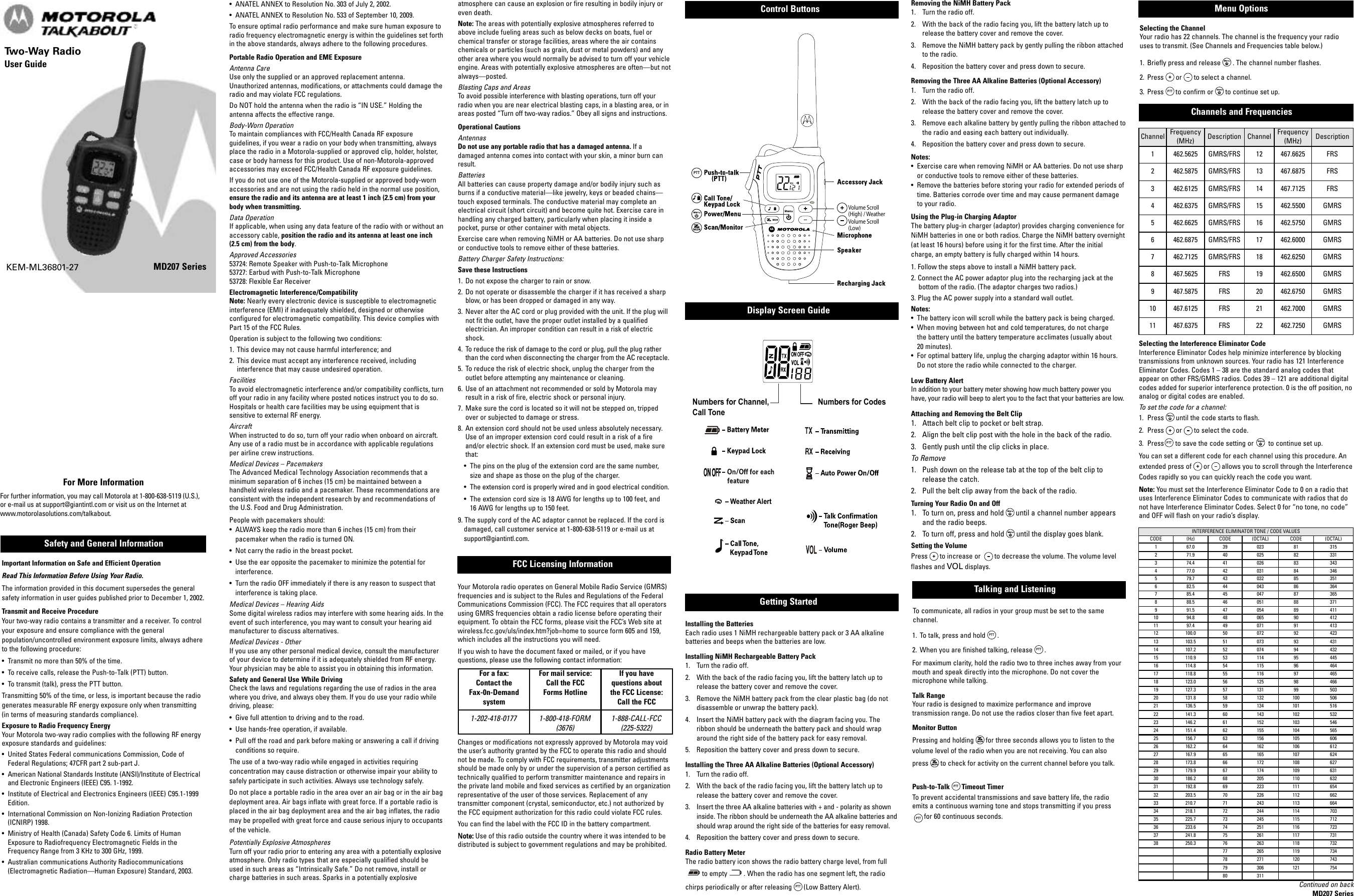 Page 1 of 2 - Motorola Motorola-Motorola-Md270R-Talkabout-2Way-Radios-Md207R-Users-Manual- T5025_R  Motorola-motorola-md270r-talkabout-2way-radios-md207r-users-manual