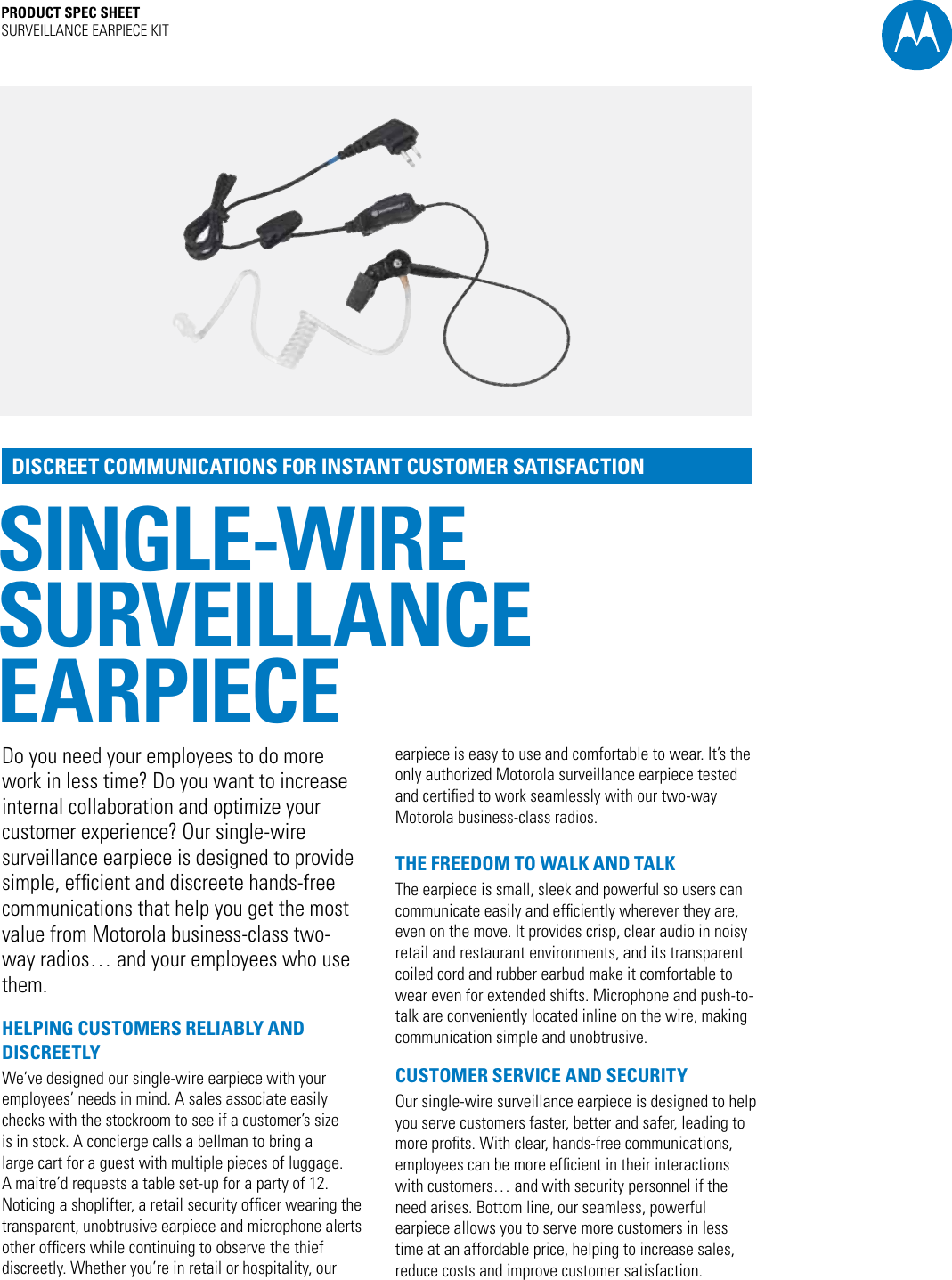 Page 1 of 2 - Motorola Motorola-Motorola-Surveillance-Earpiece-W-Ptt-Microphone-Hkln4477-Users-Manual- Business Radio Surveillance Earpiece Spec Sheet  Motorola-motorola-surveillance-earpiece-w-ptt-microphone-hkln4477-users-manual