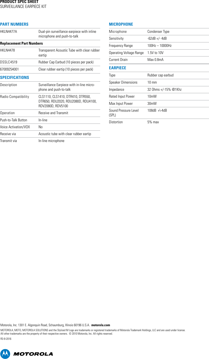 Page 2 of 2 - Motorola Motorola-Motorola-Surveillance-Earpiece-W-Ptt-Microphone-Hkln4477-Users-Manual- Business Radio Surveillance Earpiece Spec Sheet  Motorola-motorola-surveillance-earpiece-w-ptt-microphone-hkln4477-users-manual