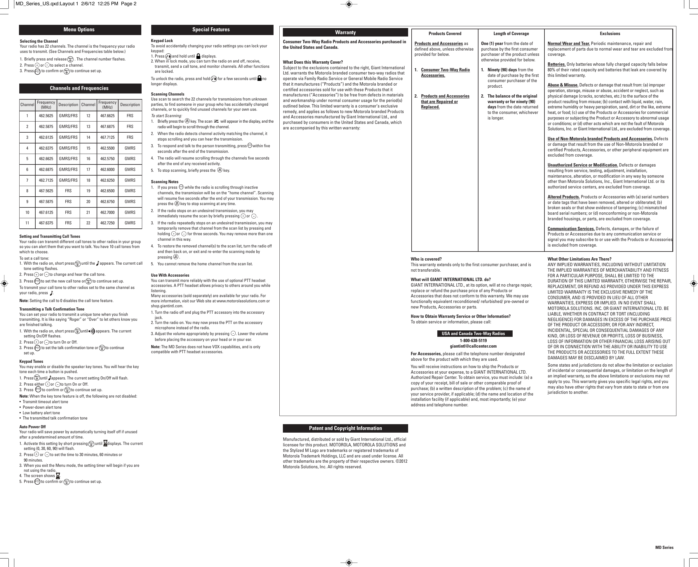 Page 2 of 2 - Motorola Motorola-Motorola-Talkabout-Md200R-Two-Way-Radio-Md200R-Users-Manual-  Motorola-motorola-talkabout-md200r-two-way-radio-md200r-users-manual