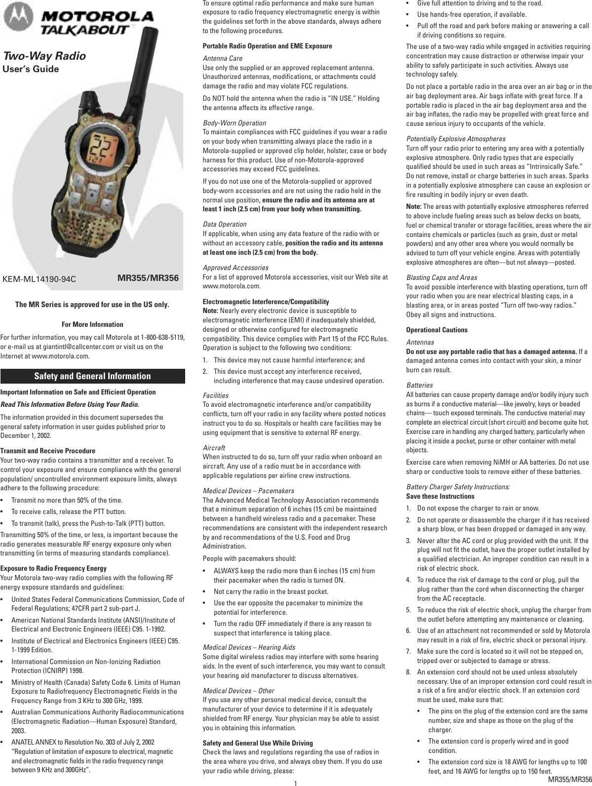 Page 1 of 5 - Motorola Motorola-Motorola-Talkabout-Mr355R-Two-Way-Radio-Mr355R-Users-Manual- Web  Motorola-motorola-talkabout-mr355r-two-way-radio-mr355r-users-manual