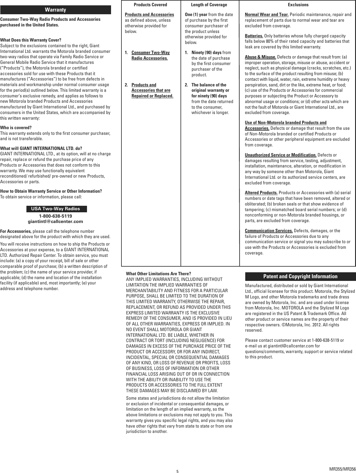 Page 5 of 5 - Motorola Motorola-Motorola-Talkabout-Mr355R-Two-Way-Radio-Mr355R-Users-Manual- Web  Motorola-motorola-talkabout-mr355r-two-way-radio-mr355r-users-manual